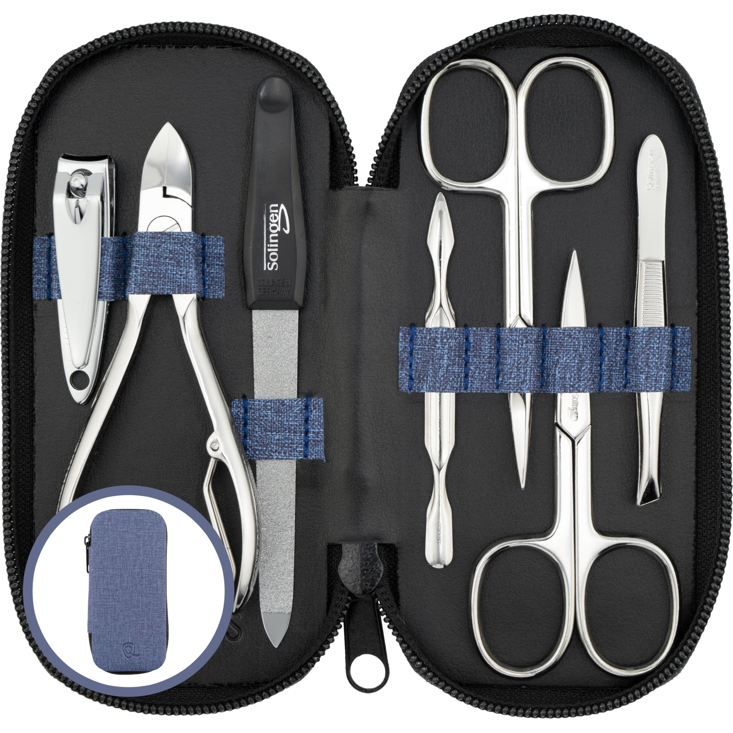 marQus Solingen Maniküre Set Herren und Damen 7 Teile mit Nagelzange - Made in Germany für Hand- und Fußpflege - Kunstleder Etui in Jeans-Optik