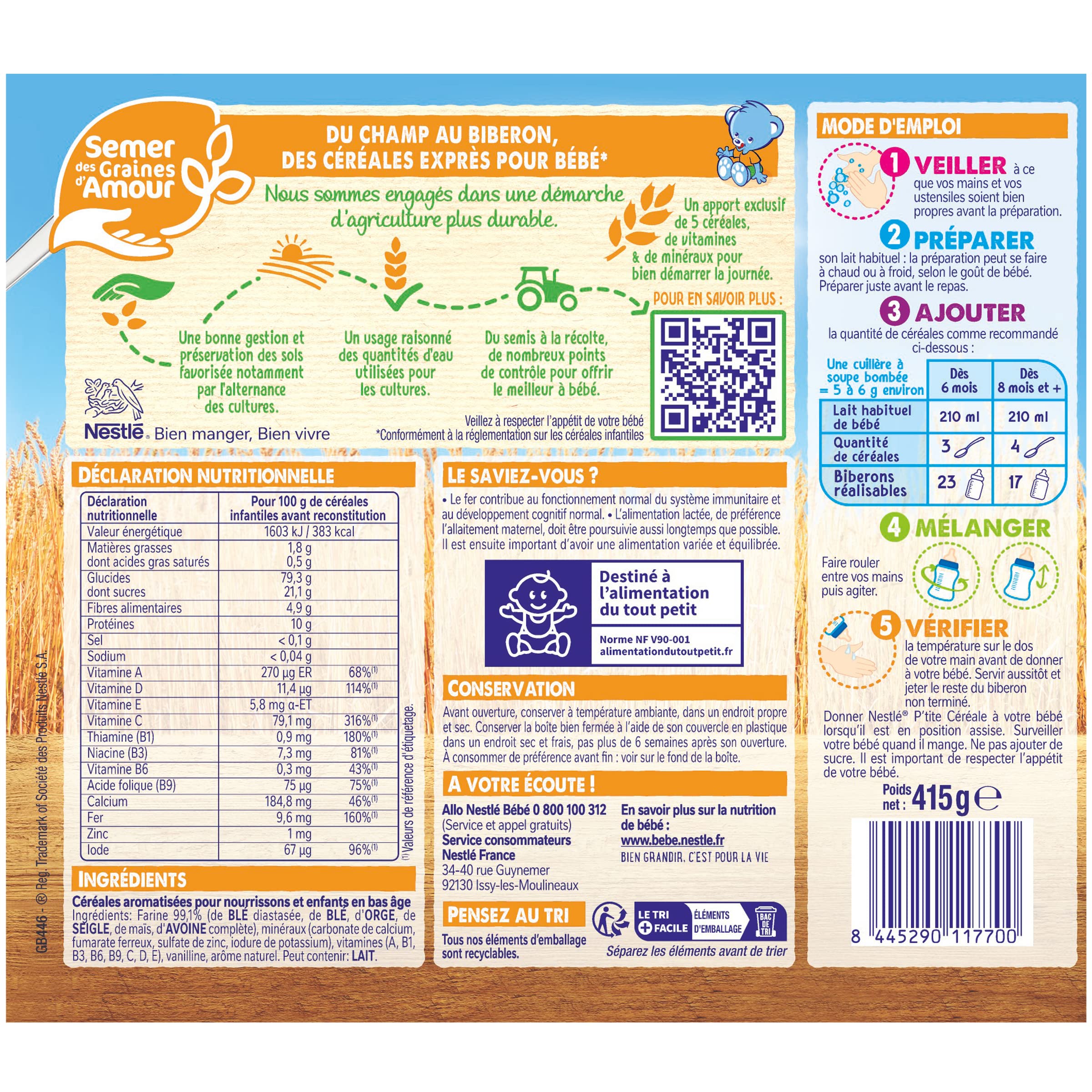 Nestlé Bébé P'tite cereali, secchi, biscotti, dai 6 mesi in su, scatola da 415 g