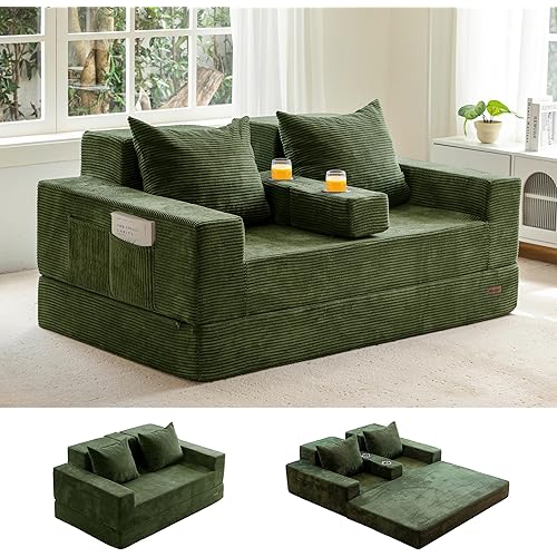 MAXYOYO Loveseat Sofa Bed, 4 in 1 Foldable Floor Sofa Couch in A Box with 2 Cup Holders, Convertible Boneless Couch Folding Recliner Sleeper Chair for Living Room, No Assembly Required, Green