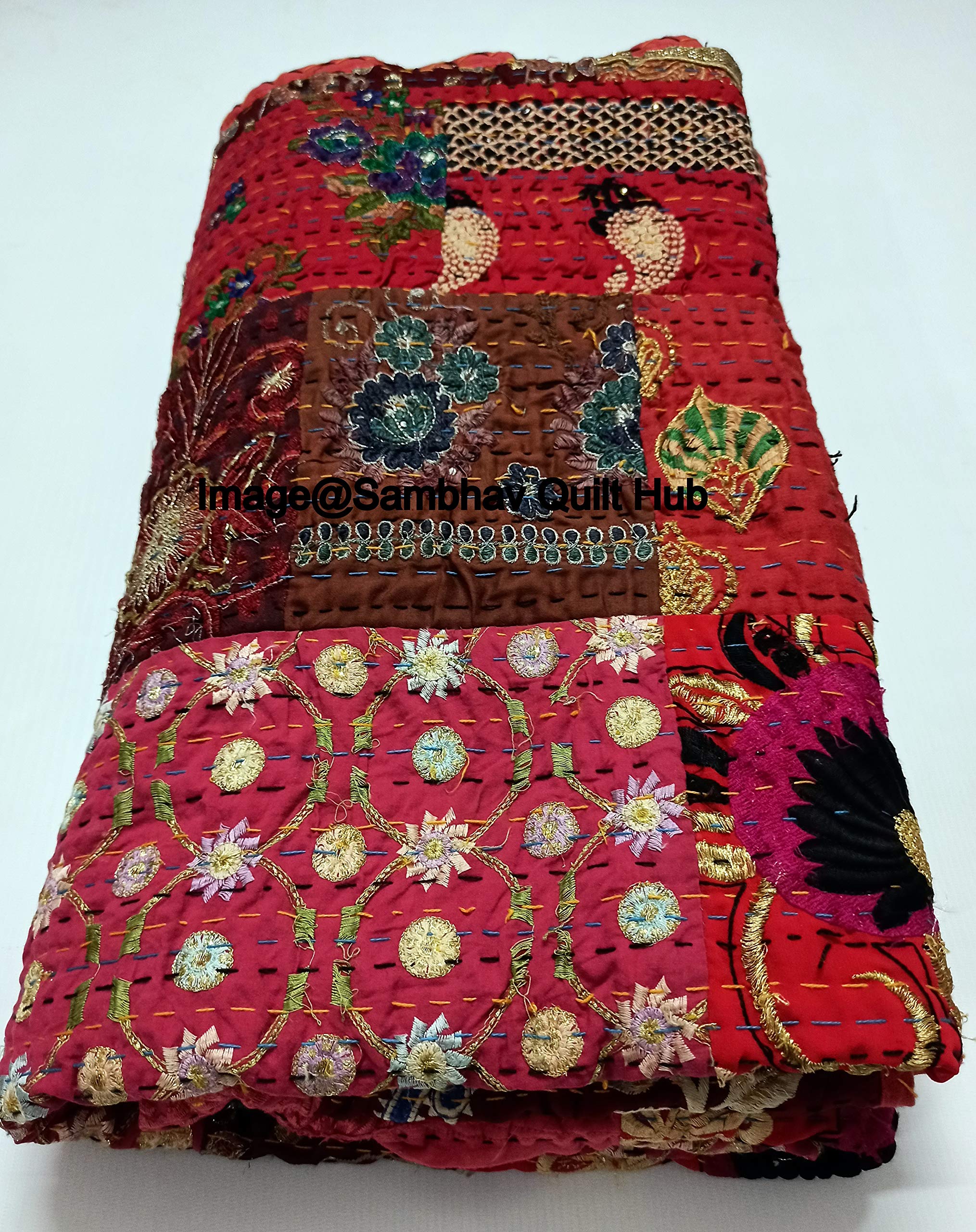 Khambadiya Kantha - Colcha con 2 fundas de almohada, diseño indio, color rojo