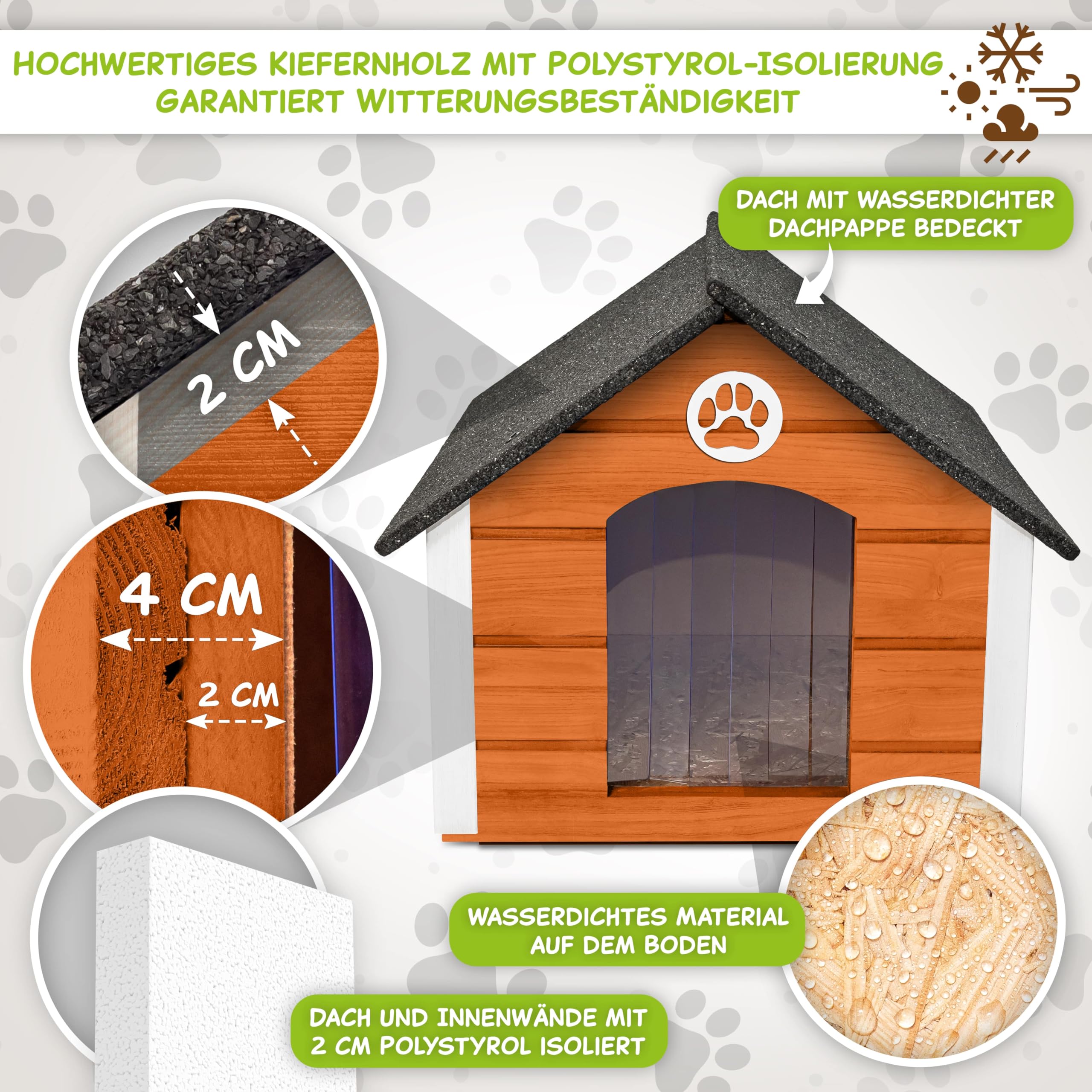 Outentin Hundehütte Outdoor Isoliert - Hundehaus für Große Hund - Winterfest und Wetterfest - Hunde Haus für Draußen mit schrägem Dach - Stabile Villa und Moderne Design - 103 x 90 x 70cm-Teak