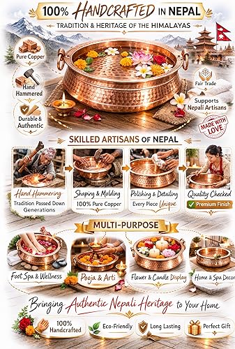 Miniatura 5 de Pure Copper Khadkulo - Cuenco de remojo de pies de 11 a 12 pulgadas, lavabo de spa nepalí martillado a mano para pedicura y relajación, tamaño