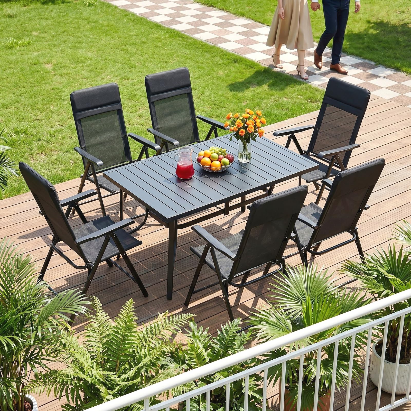 VOWNER Pack de 2 Sillas de Jardín Plegables – Silla Exterior con Respaldo Alto y Reposacabezas Extraíble – Sillones de Jardín de Textileno Transpirable y Metal – Ideal para Terraza, Balcónm, Negro