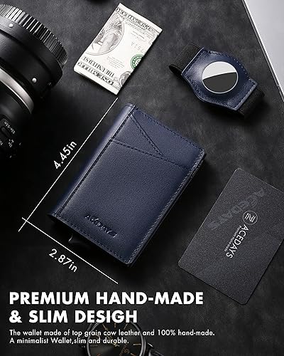 Vista 6 de ACEDAYS Billetera desplegable con ranura para Airtag delgada con tarjetero de piel auténtica, protección RFID, hasta 11 tarjetas de crédito
