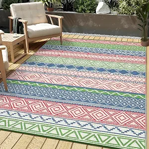 IDEALHOUSE 9' x 18' Reversible Bohemian Outdoor Rug, UV Resistant Waterproof Plastic Mat