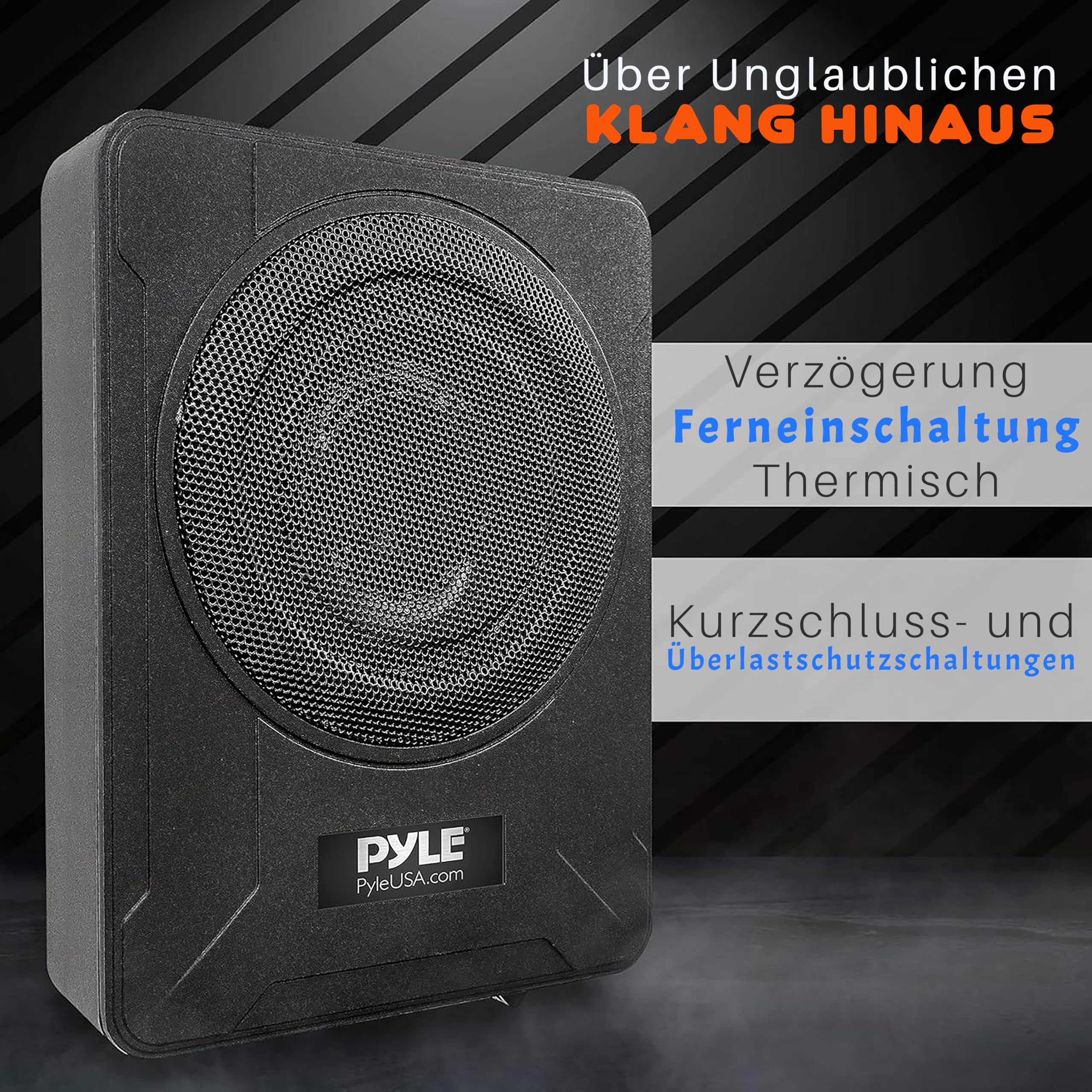 Pyle 600W Untersitz Subwoofer Aktiv – 8" Flacher Auto Lautsprecher mit Verstärker – Car & Marine Speakers mit Variabler Bassboost inkl. Montagematerial & Fernbedienung – Schlankes Design in Schwarz