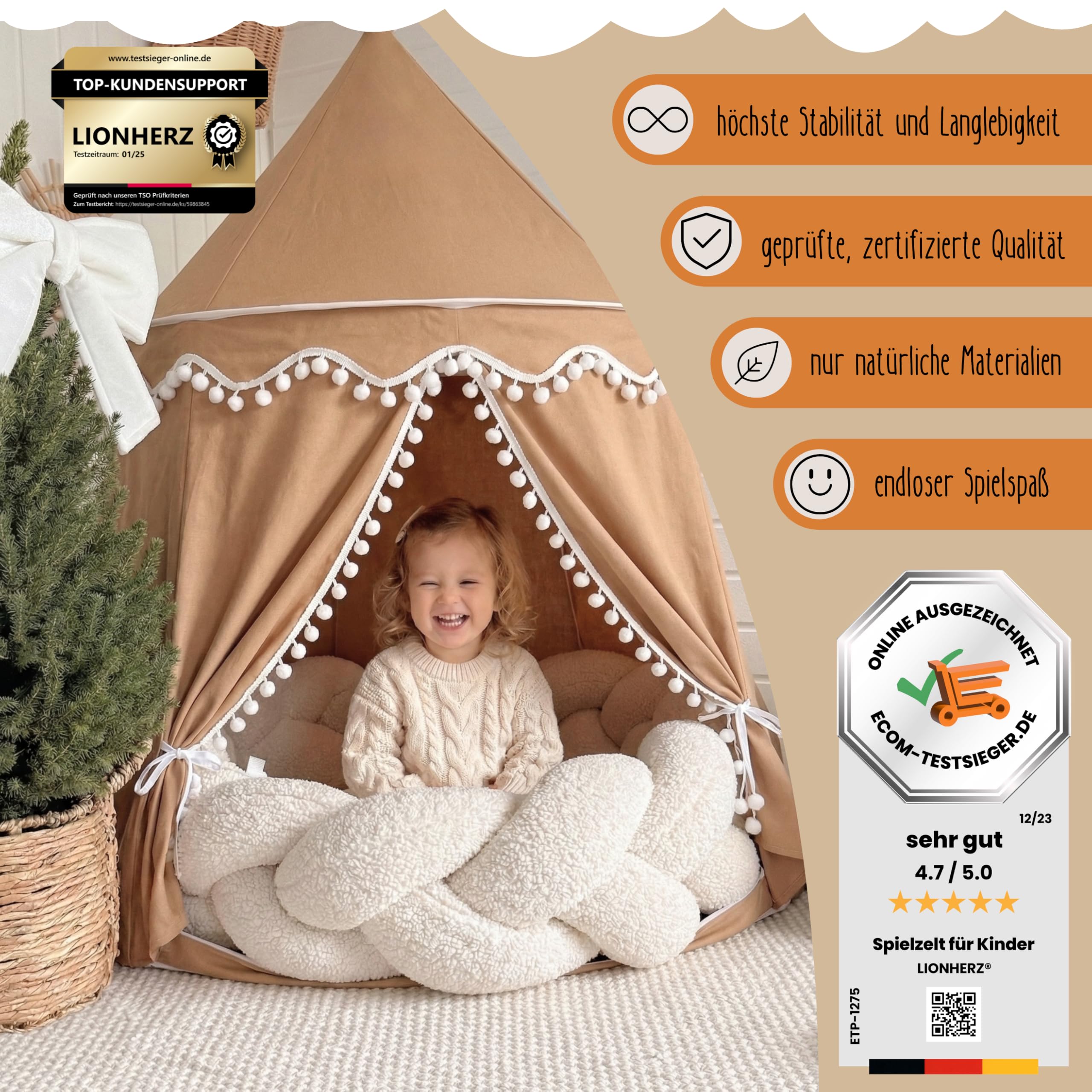 Kindertipi in de vorm van een prinsessenkasteel met gordijnen en antislip speelmat • Kinder World