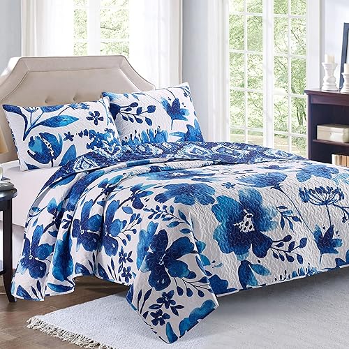Virah Bella Juego de ropa de cama de tamaño King Indigo con estampado botánico ligero reversible con 2 fundas de almohada a juego, ropa de cama