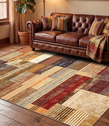 Miniatura 32 de YIHOUSE Alfombra naranja quemada lavable de 8 x 10 pies, Alfombras para Salas, alfombras retro estilo granja marrones, alfombra ondulada abstracta