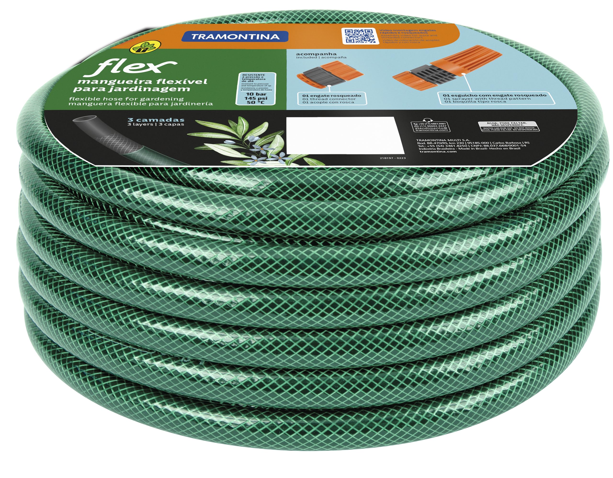 Tramontina 20m Flex Garden Hose in Green with 3-Layers PVC Fiber and Braided Polyester Cord with Thread Connectors and Sprayer