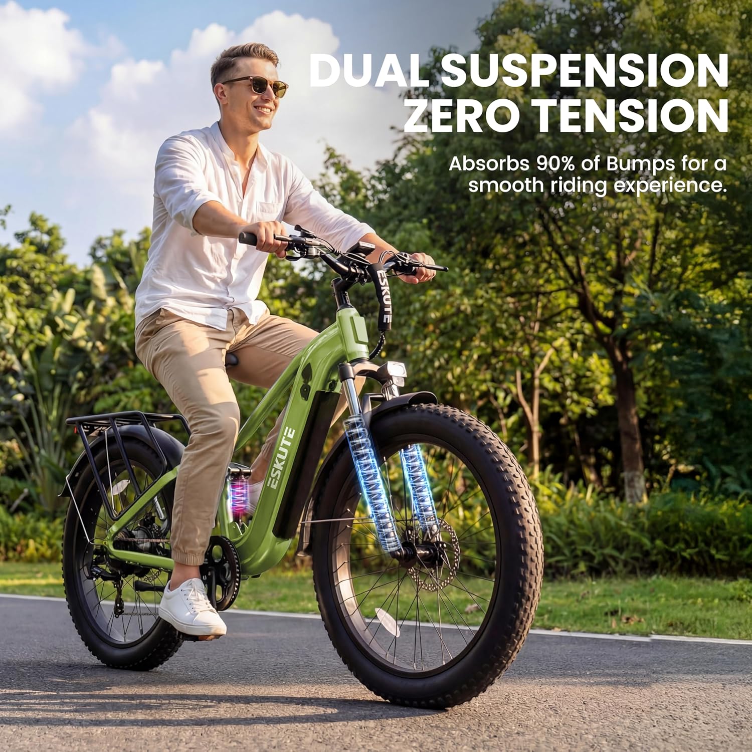 ESKUTE Electric Bike for Adults - 48V20.8Ah Battery Ebike up to 80 Miles, Peak 1500W Brushless Motor, 32MPH, 26x4.0 Fat Tire Step-Over Mountain Ebike, 8-Speed, Full Suspensions E-Bike