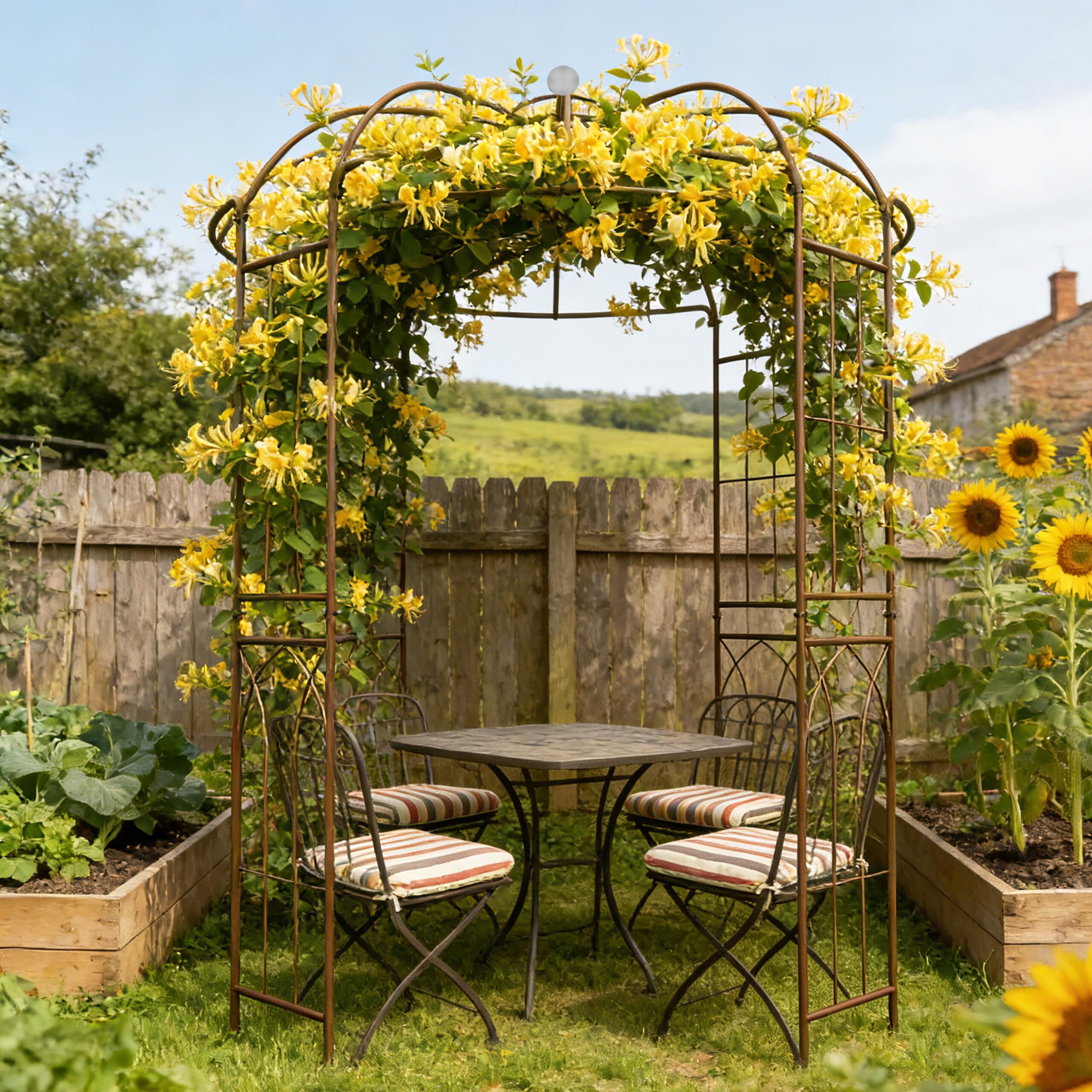 Relaxdays Pavillon Rosiers Métal, 275x211x211 cm, Bronze, Support Plantes grimpantes, Accessible, Jardin