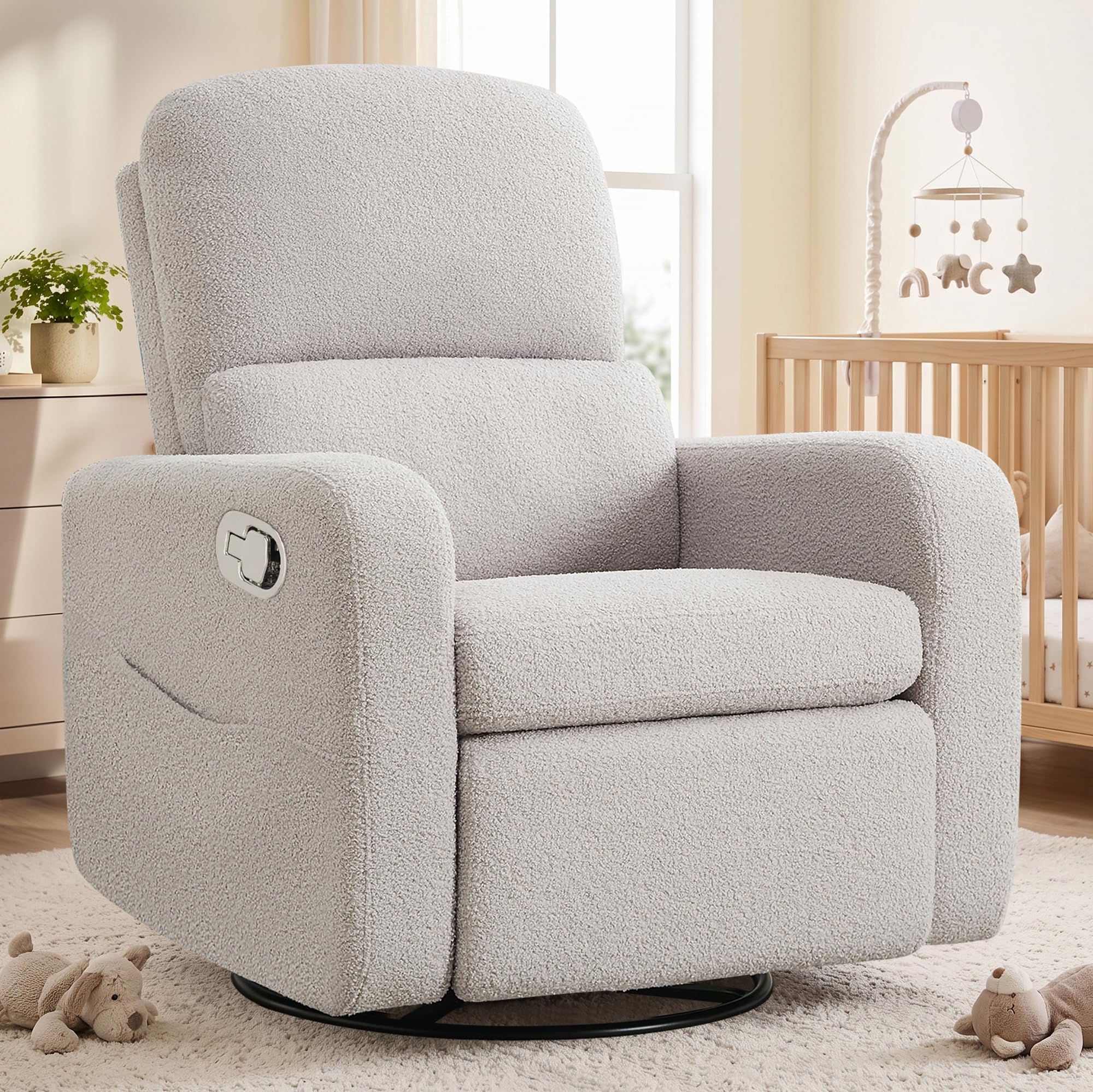 Swivel Rocker Recliner, Oversized Teddy Manual Nursery Glider Rocking Recliner with Removable Cushion, Upholstered Boucle Swivel Reclining Chair for Nursery Living Room Bedroom, Grey