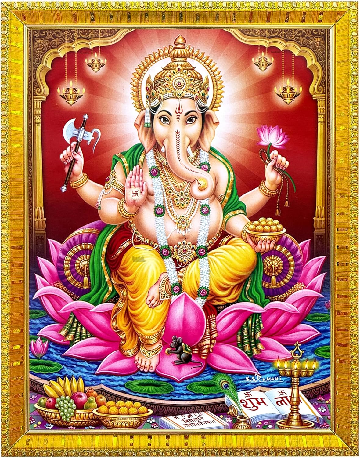 Koshtak Ganesh/Ganpati Ji On Lotus With Mushakraj Photo Frame With Glossy Lamination On Poster With Golden Frame For Puja Room/Temple/Wall Hanging/Gift/Home Decor/Worship Size 30cm x 23 cm…..