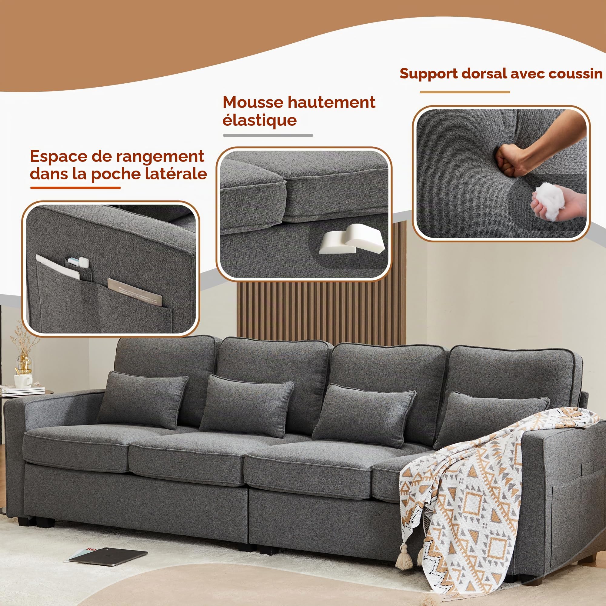 Sapgaks Canapé Moderne 4 Places en Tissu Lin avec Poches d'accoudoir et 4 Coussins, Style Simple adapté au Salon, Appartement, Bureau, Gris foncé