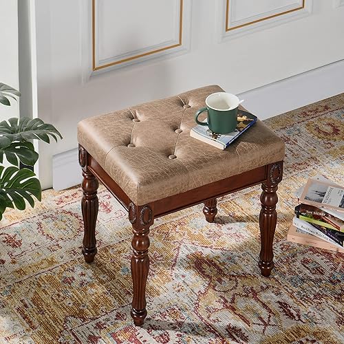 Banco de tocador tapizado de madera maciza, pequeño taburete otomano vintage de cuero copetudo, con asiento acolchado acolchado, reposapiés tallado,