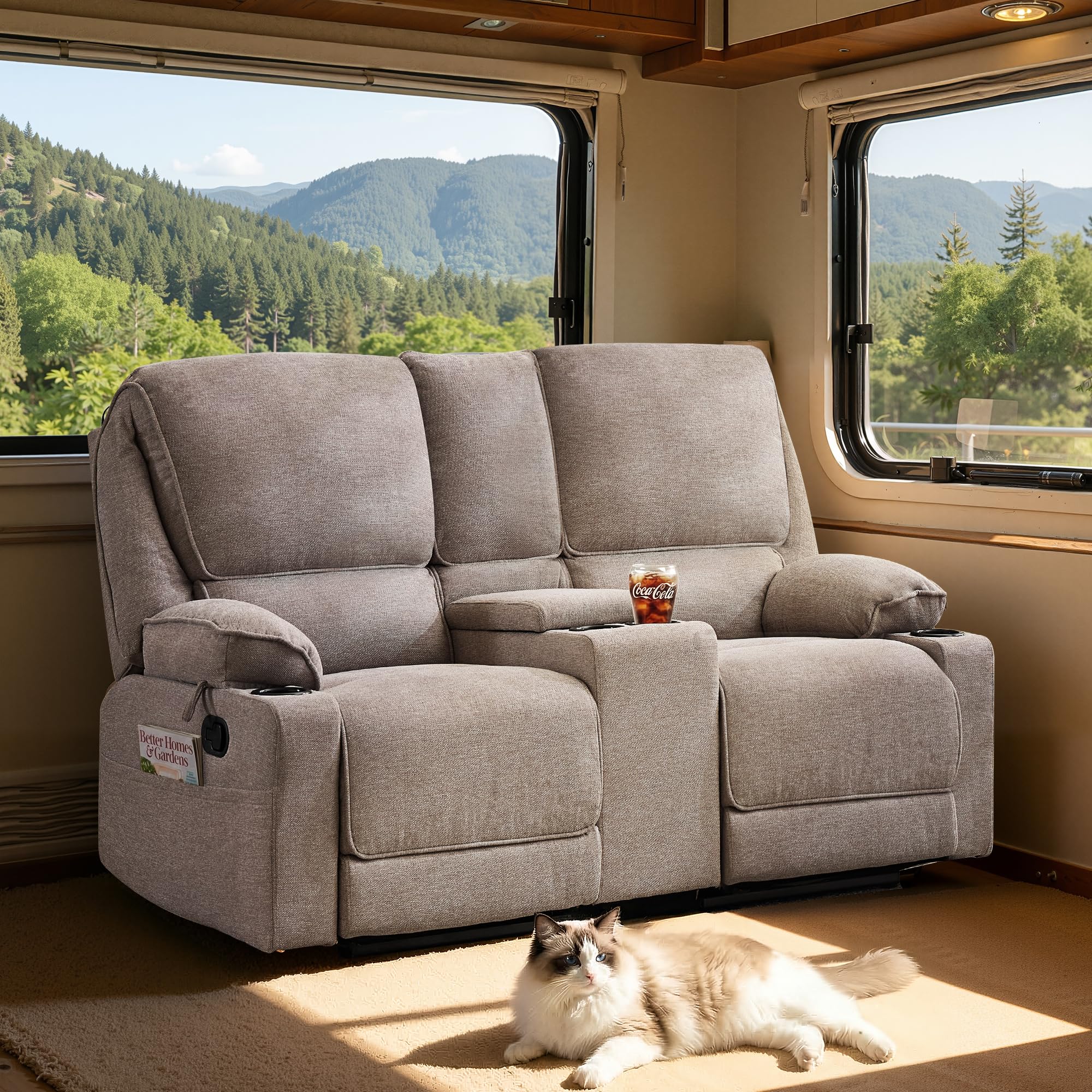 2er Kinosessel Relaxsessel mit Liegefunktion, 2 Sitzer Fernsehsessel TV Sessel mit Konsole, 4 Getränkehalter Cupholder, zweisitzer Sofa für Wohnzimmer (Hellgrau)