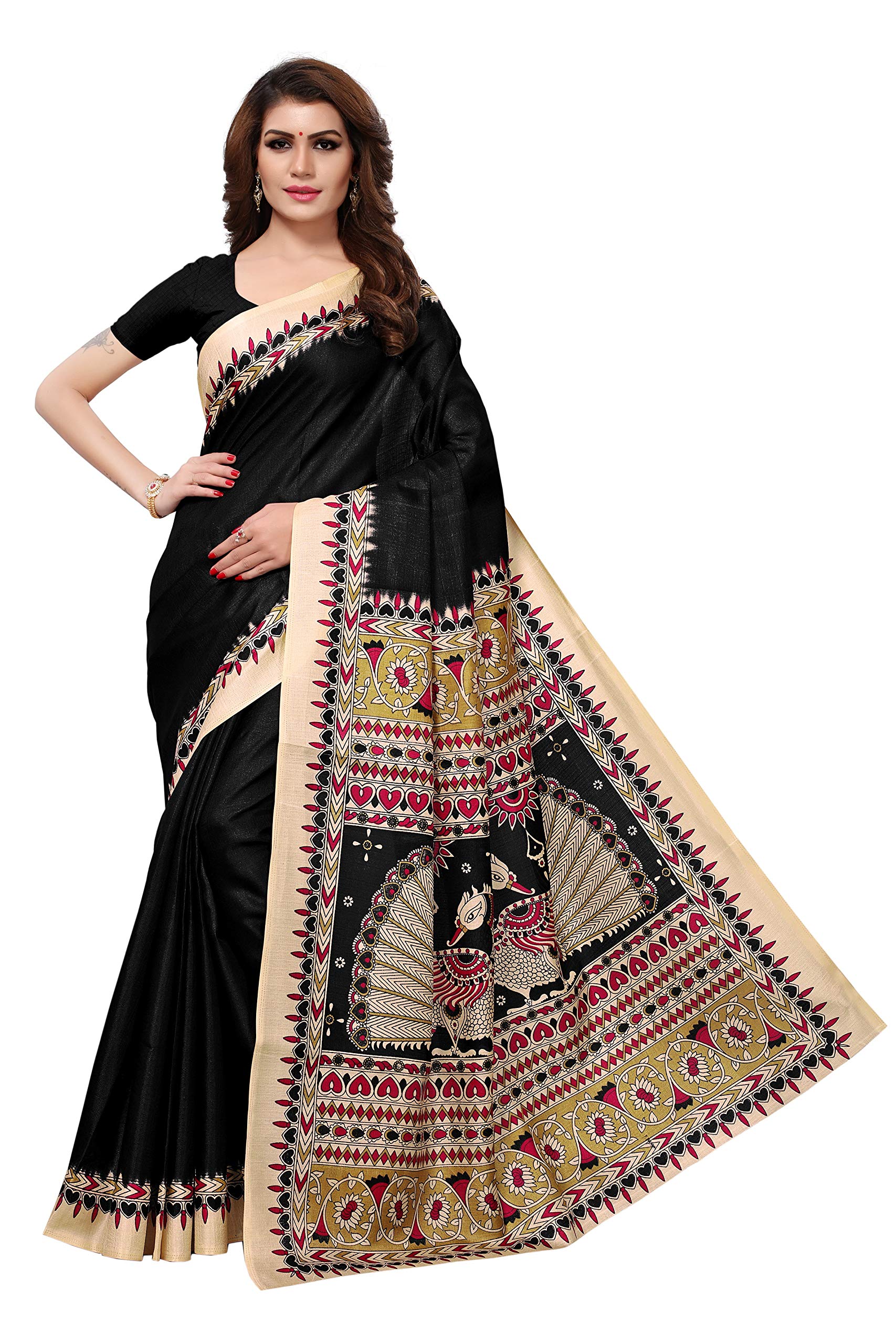 GoSriKi Women's Black Color Khadi Silk Printed Saree With Blouse Piece(ZWEEN-BLACK_Free Size)
