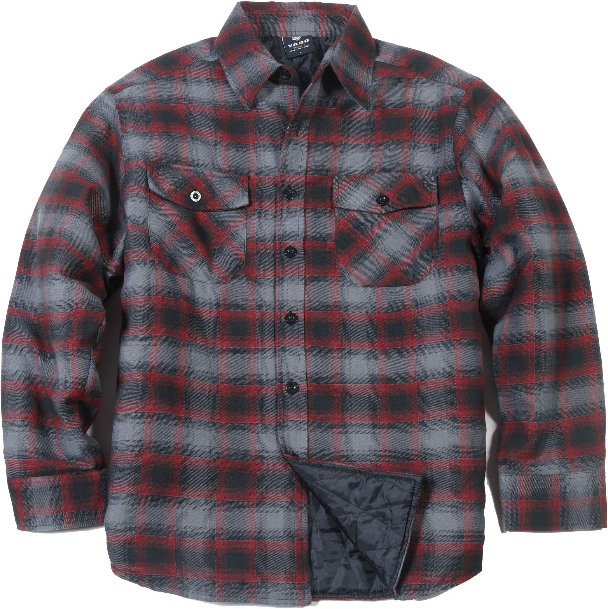 YAGO Men's Quilted Lining Button Up Plaid Flannel Shirt Jacket with Side Pockets