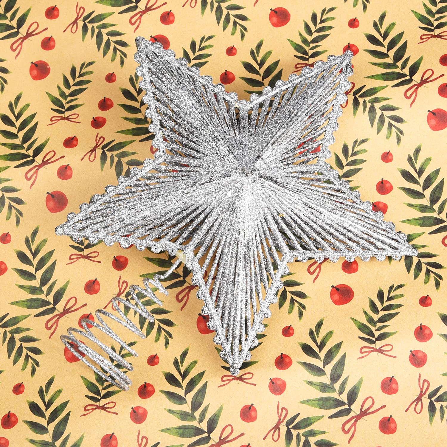 Lezevn Silver Christmas Tree Topper Glittered Star Christmas Tree Topper Plastic Hollow Xmas Tree Topper for Christmas Home Decoration (Silver) - Image 2