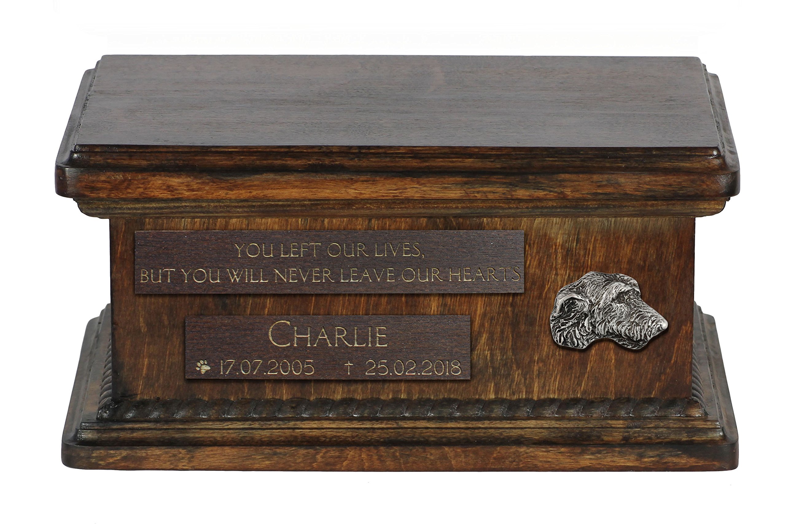 Urne pour cendres de chien Irish Wolfhound, mémorial funéraire bronze et bois de bouleau