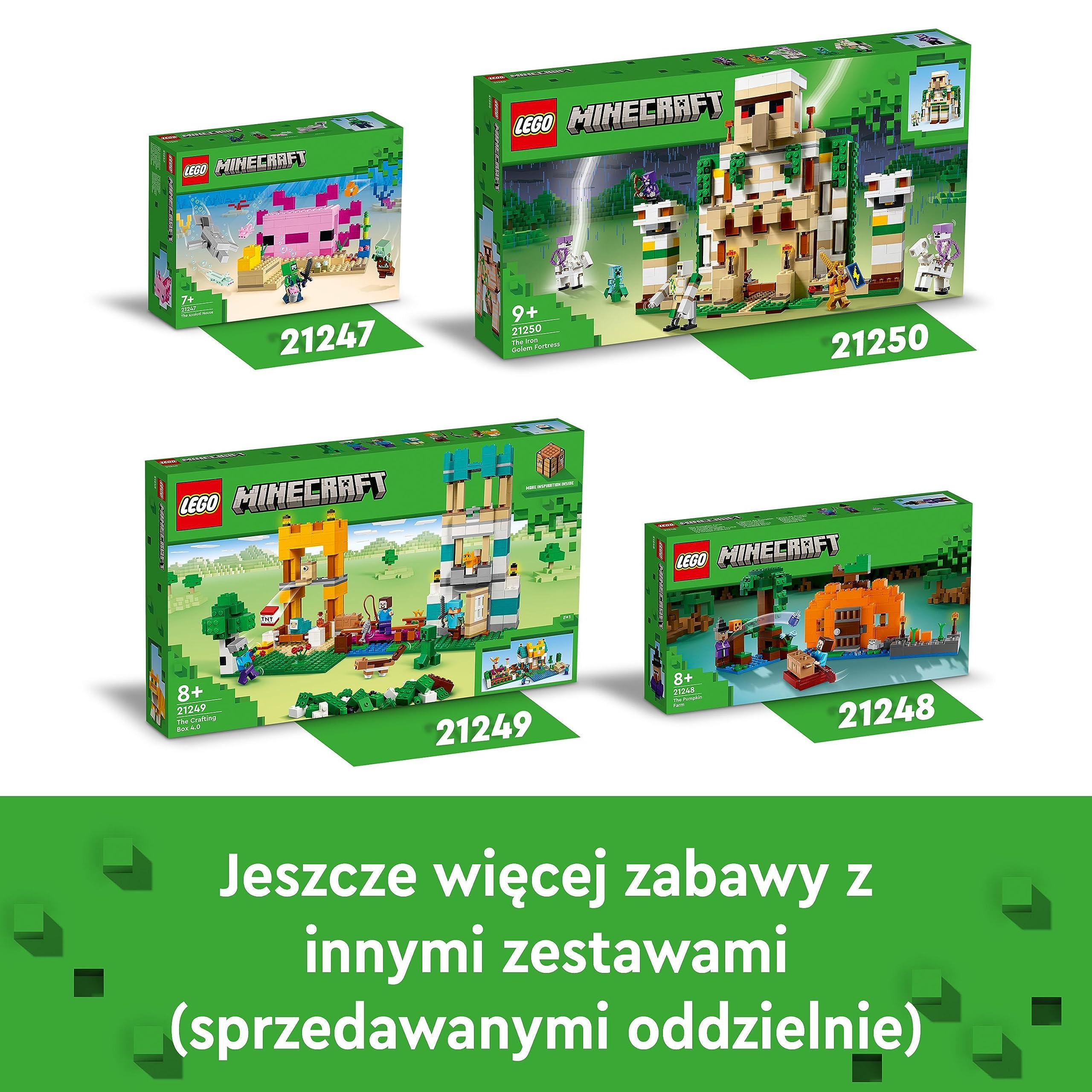 LEGO Minecraft Forteca żelaznego golema, zamek do zbudowania, przekształca się w dużą figurkę, 7 postaci, w tym Kryształowy Rycerz i Naładowany Creeper, zabawka dla dziecka, prezent dla 9-latka, 21250