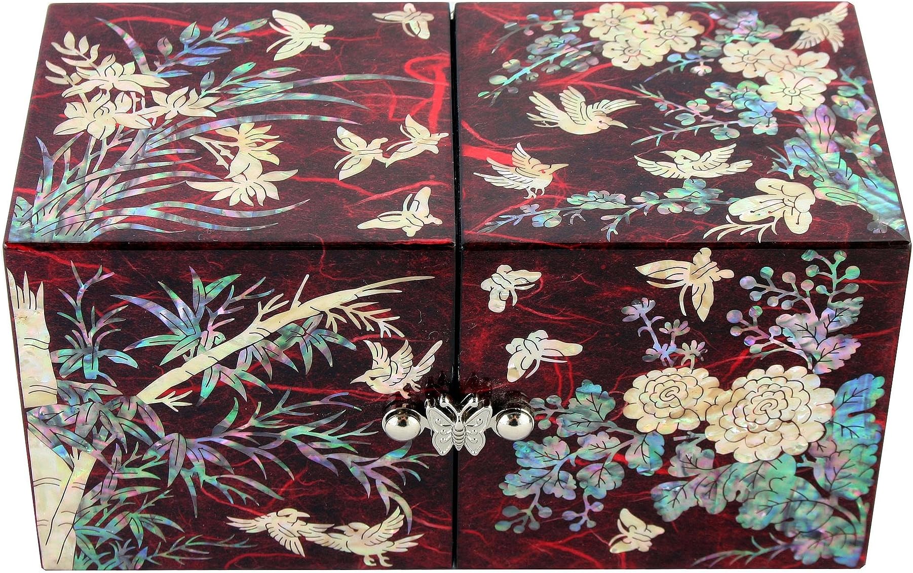 Mother of Pearl Inlay Art Four Noble Plant Flower Design Twin Cubic Lacquer Wooden Red Secret Jewellery Trinket Keepsake Treasure Gift Box Case Chest Organizer