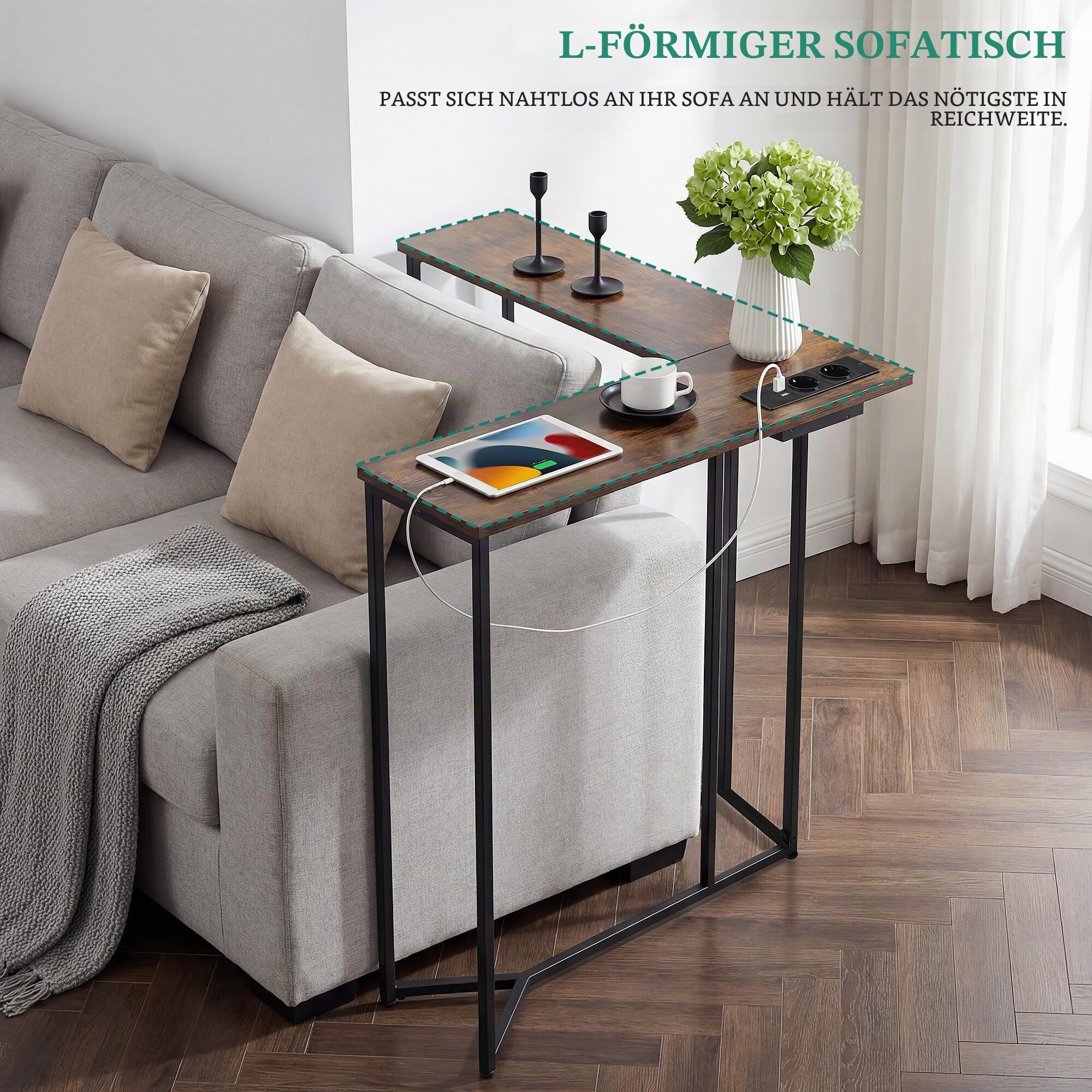 YITAHOME Konsolentisch mit Steckdosenleiste, L-förmiger Konsolentisch Shmal mit Ladestation, 2 Steckdosen und 2 USB-Anschlüsse, Sofatisch, für Eingangsbereich, Flur, 3 Kombinationsmodi, Schwarz