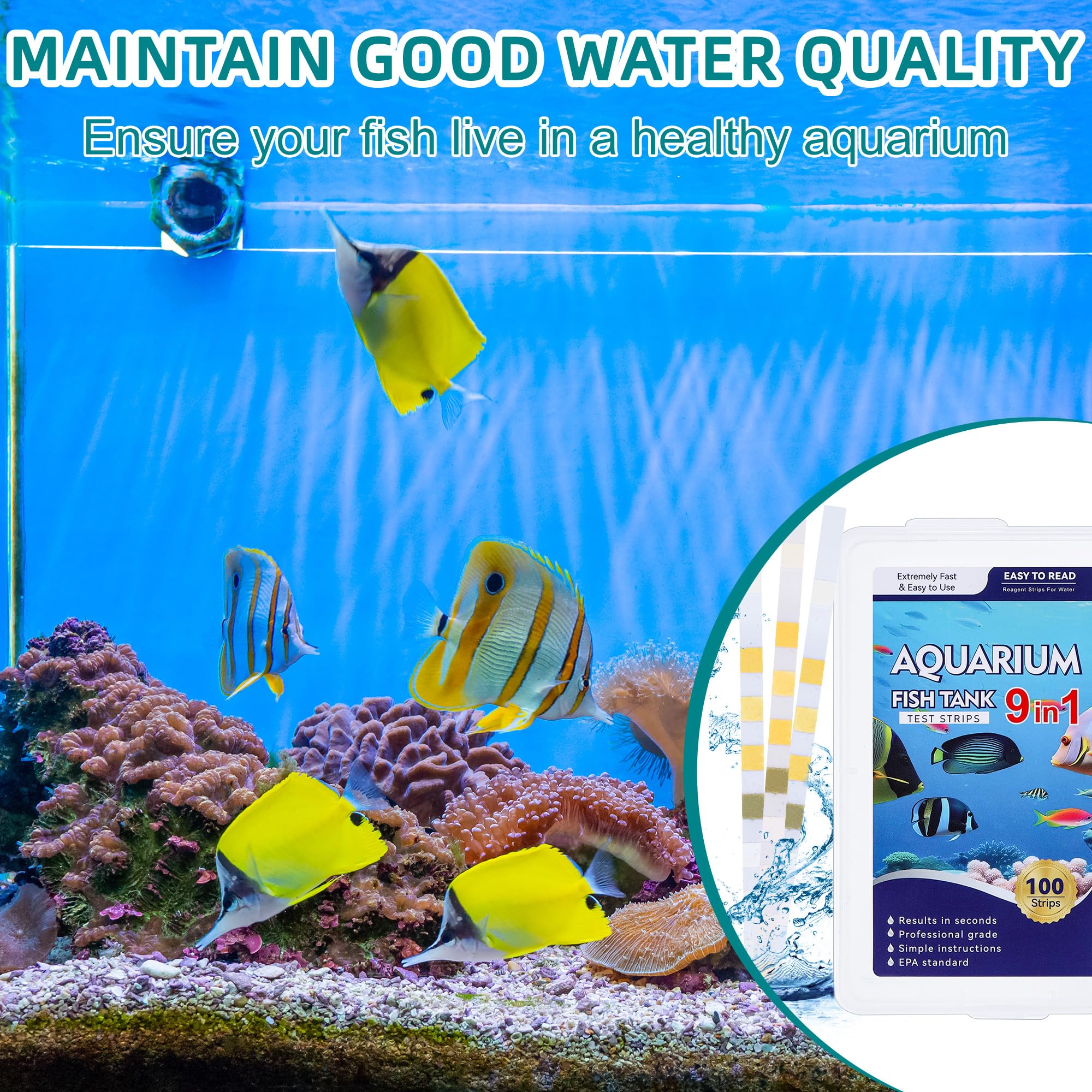 100 Pièces 9 en 1 Bandelettes de Test pour Aquarium, Test d'eau pour Aquariophilie, Bandelettes Test pour Ammoniac Azote Nitrate Chlore Libre Ph Nitrite Dureté Carbonatée Alcalinité Totale Cu