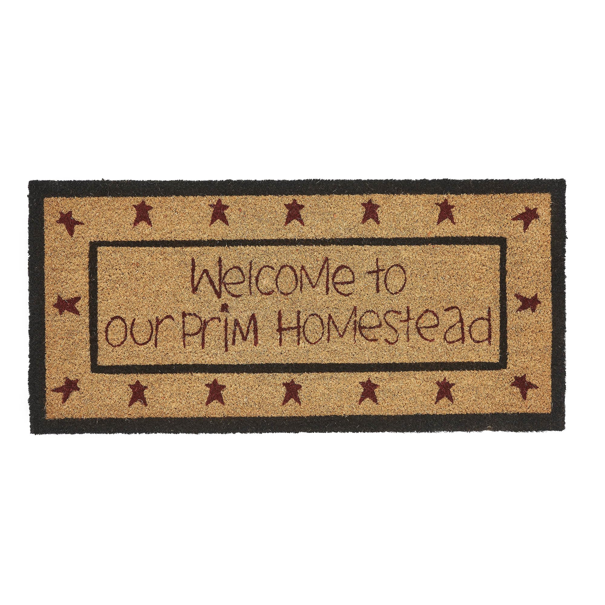 VHC BrandsCoir Welcome Door Mat, Entry Rug, with PVC Backing, for Indoor Outdoor Use, Connell Collection, Rectangle 17x36 Doormat, Welcome to Our Prim Homestead, Natural