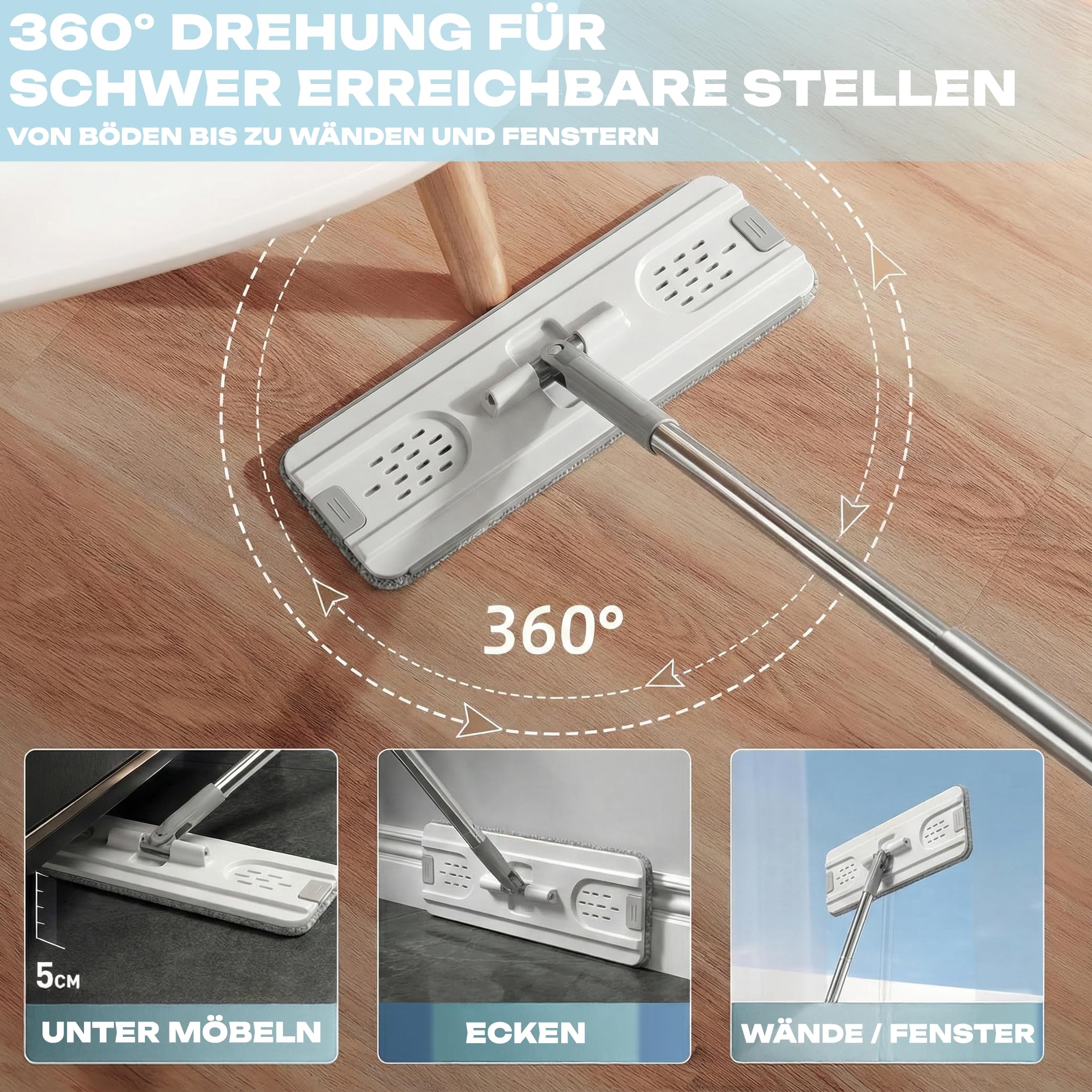 GiDeli Wischmopp und Eimer mit Auswringer-Set - Grau Flach Squeeze Mop Eimer Set für Bodenreinigung - Nass Trocken Mop für Wandreiniger mit langem Griff - Hartholz Bodenwischer mit 3 Mikrofasertüchern