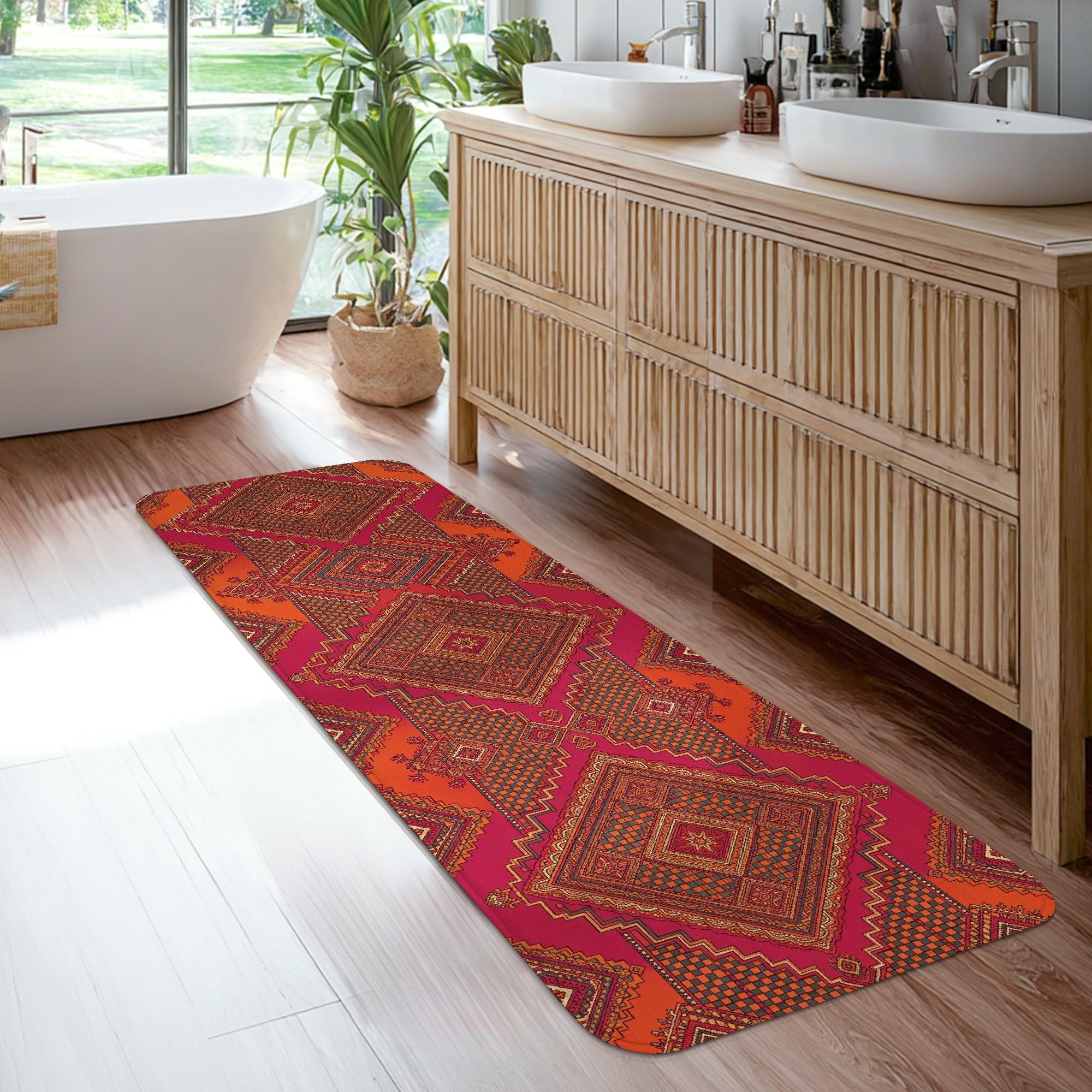 Tapis de couloir géométrique rouge losanges bohème pour décoration entrée et cuisine contemporaine