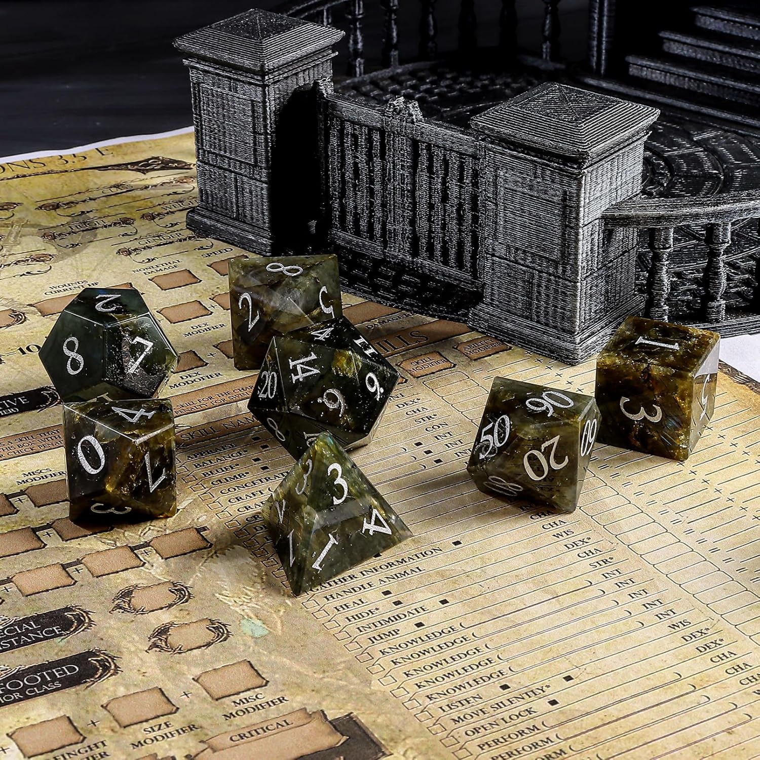 LUCKY-M Labradorite Gemstone DND Dice Set, 7 PCS Dungeons and Dragons Dice with Case for RPG, Unique Stone Dice Set D&D D4 D6 D8 D10 D00 D12 D20(LD-Silver)