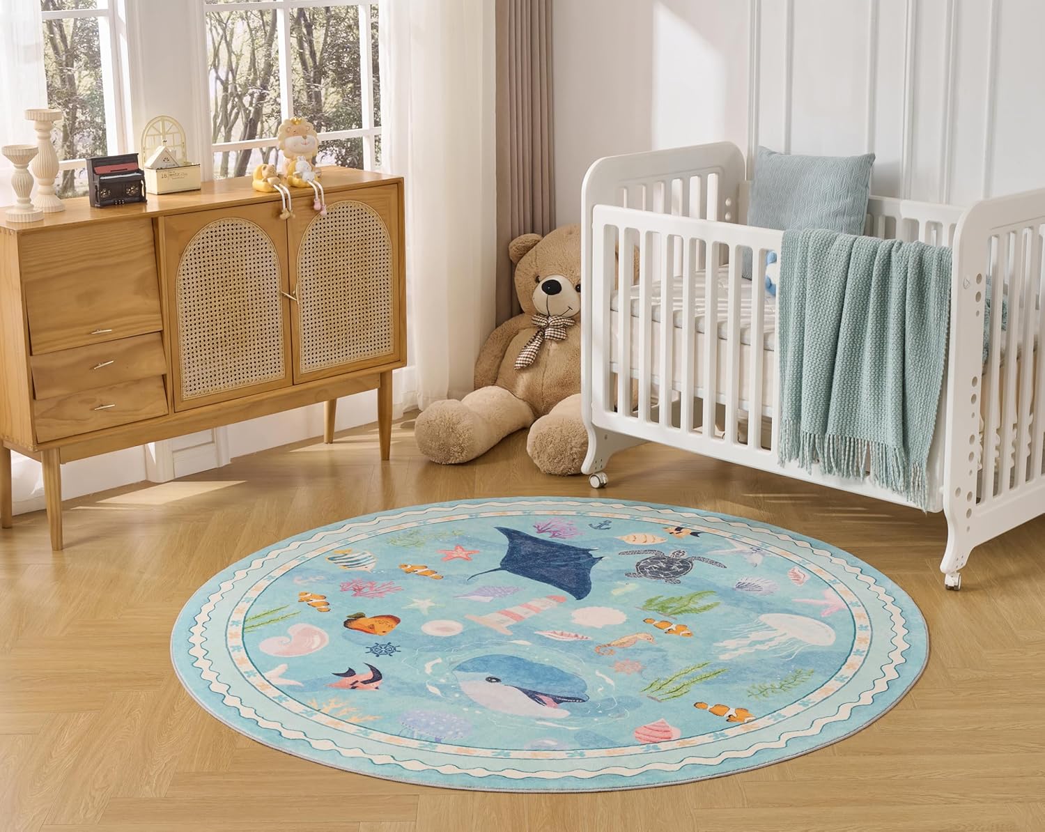Tropical Ocean Soft Washable Faux Wool Stain Resistant Rug Rubber Non-Slip Backing for Playroom Bathroom Living Room Bedroom Bedside Beachy Cute Coastal Nautical Nursery Rug (Sky Blue, 6' Round)