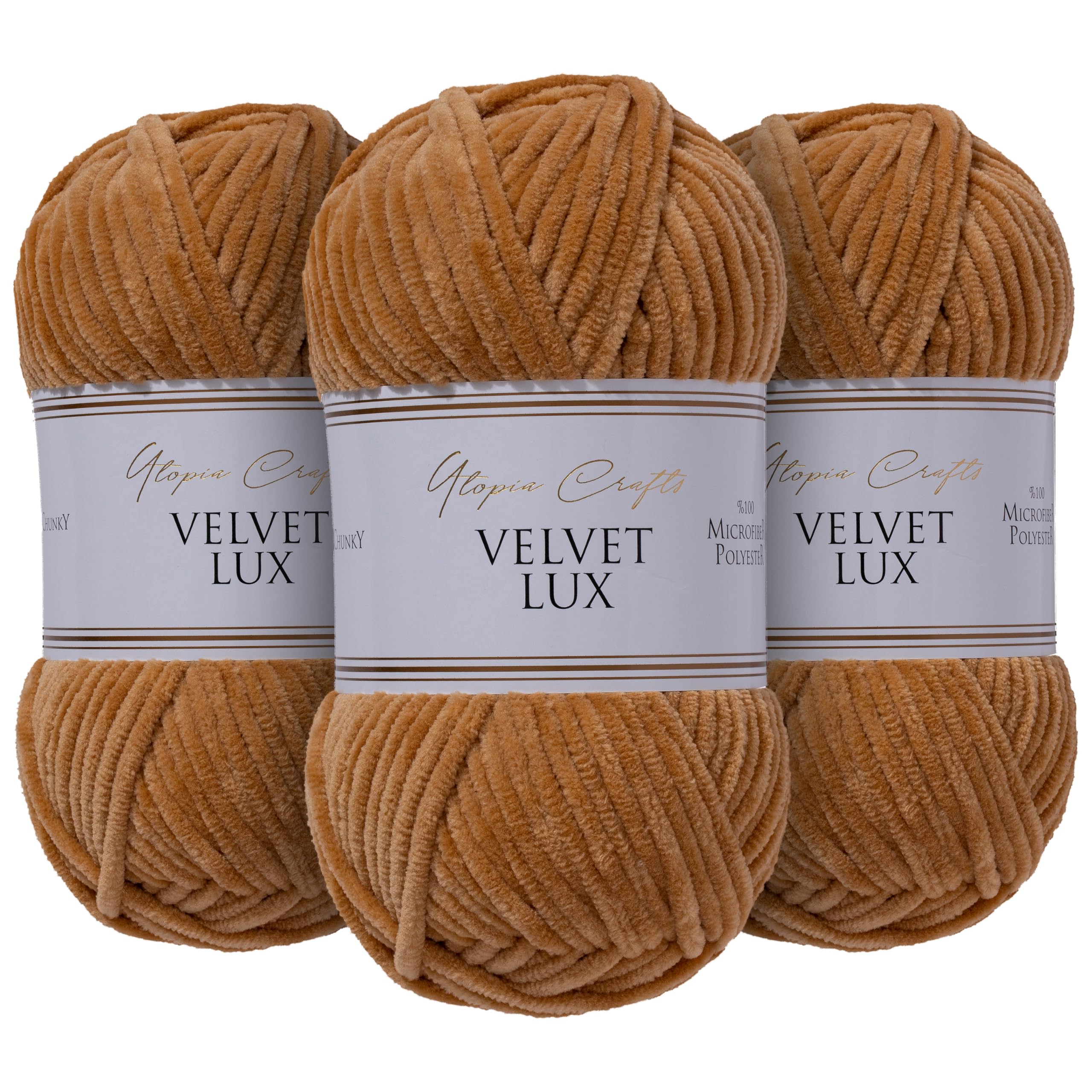 Utopia Crafts Velvet Lux Chenille Super Soft Chunky Yarn for Knitting and Crochet Yarn 3X 100g (Warm Brown)