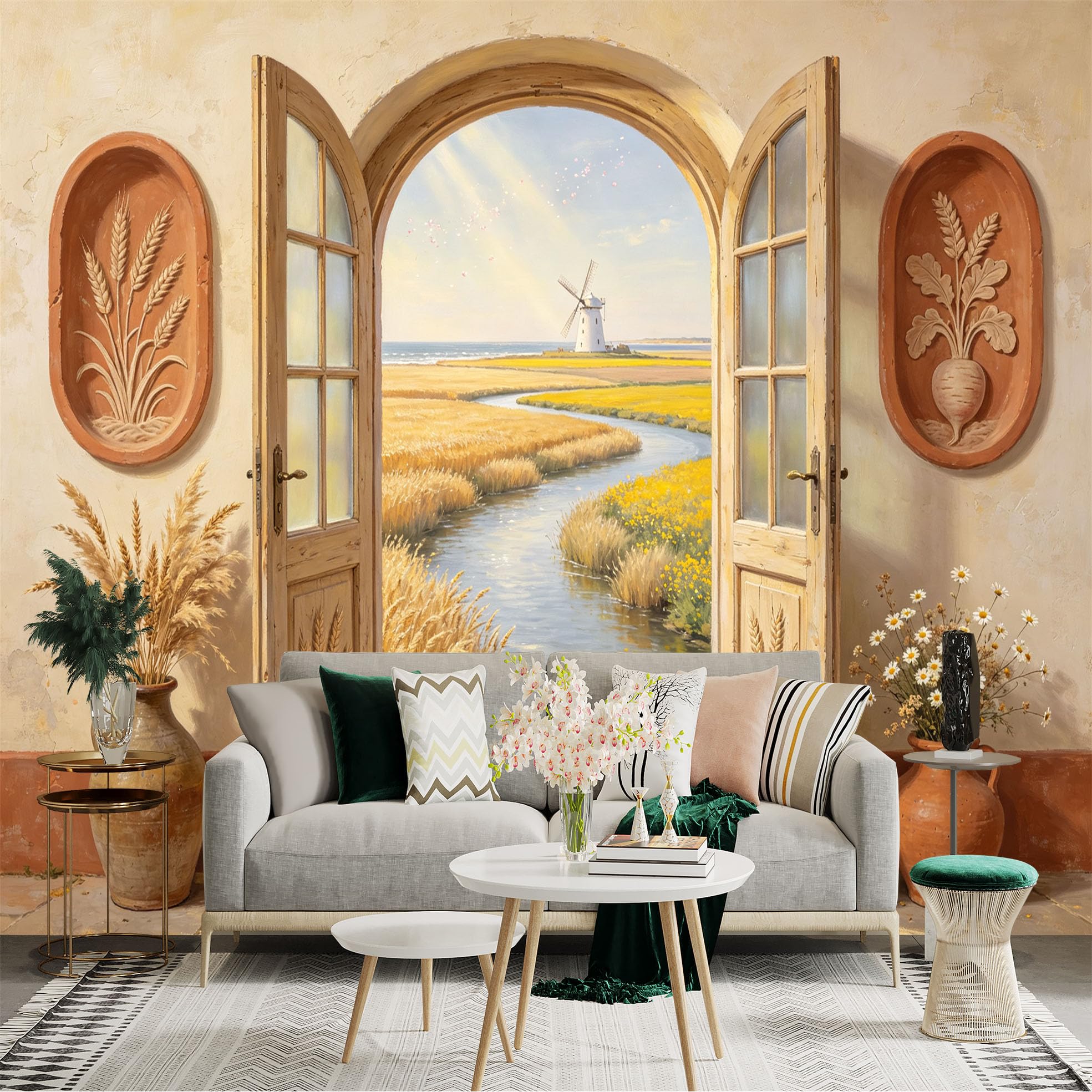 Custom Size Wall Sticker Mural， Rustic Window View with Windmill， River Meadow and Wheat Field， for wall Decoration， peelandstick wall Decals.