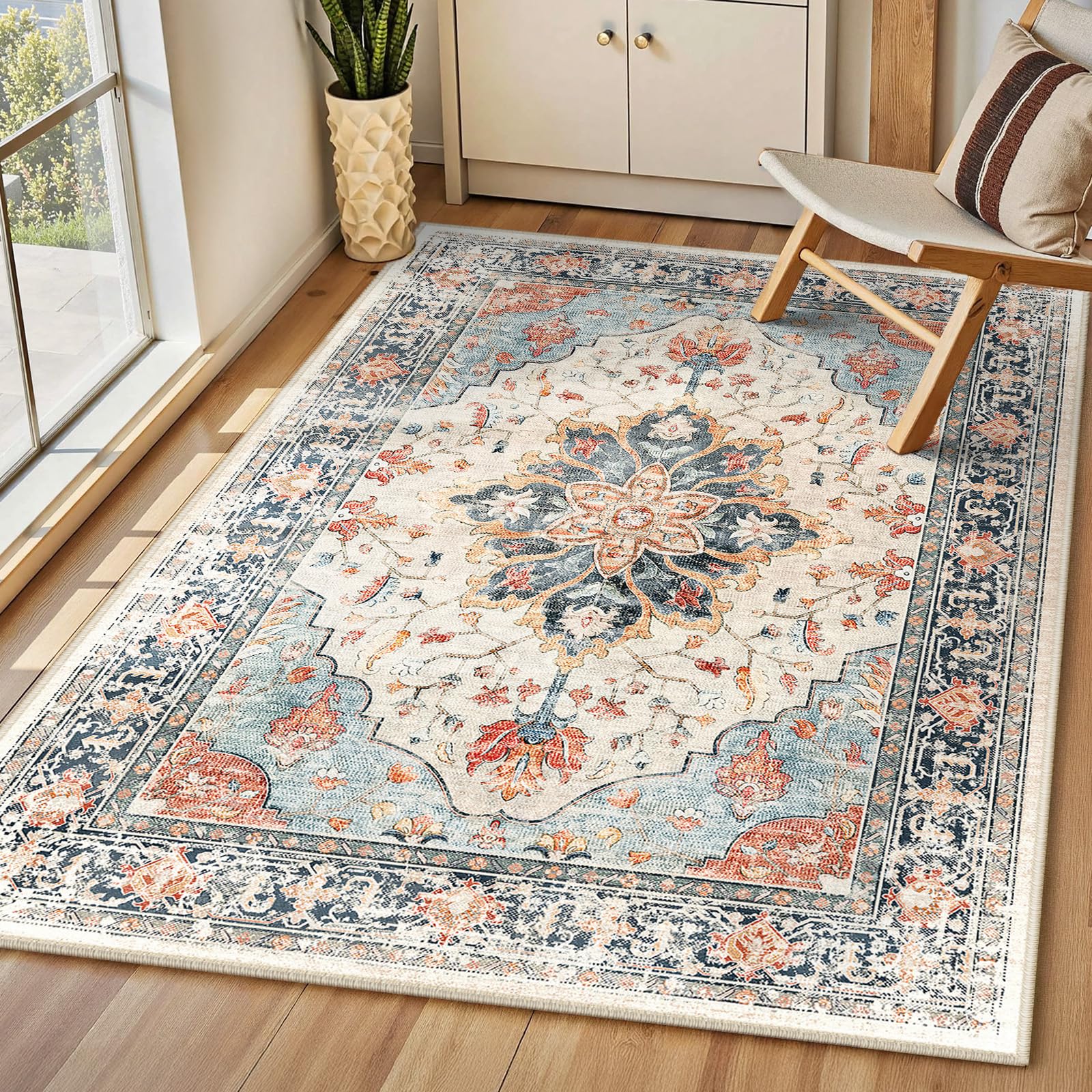 INOVADAY Vintage Waschbarer Teppich Wohnzimmer 90x150 cm Boho Kurzflor rutschfest Teppich Weich Teppiche mit Druckmuster für Schlafzimmer, Esszimmer, Büro Beige/Blau/Orange