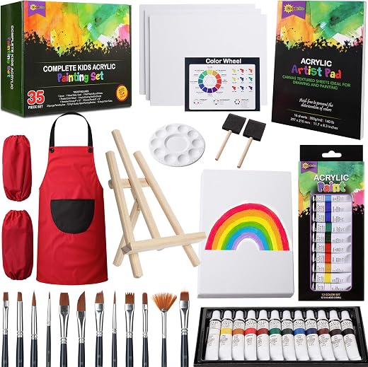 RISEBRITE Kids Art Set 35 Pcs – Deluxe Acrylic Paint Set for Kids Includes Non Toxic Paint, Tabletop Easel, Paint Brushes, Canvas, Painting Pad, and More Premium Art Supplies