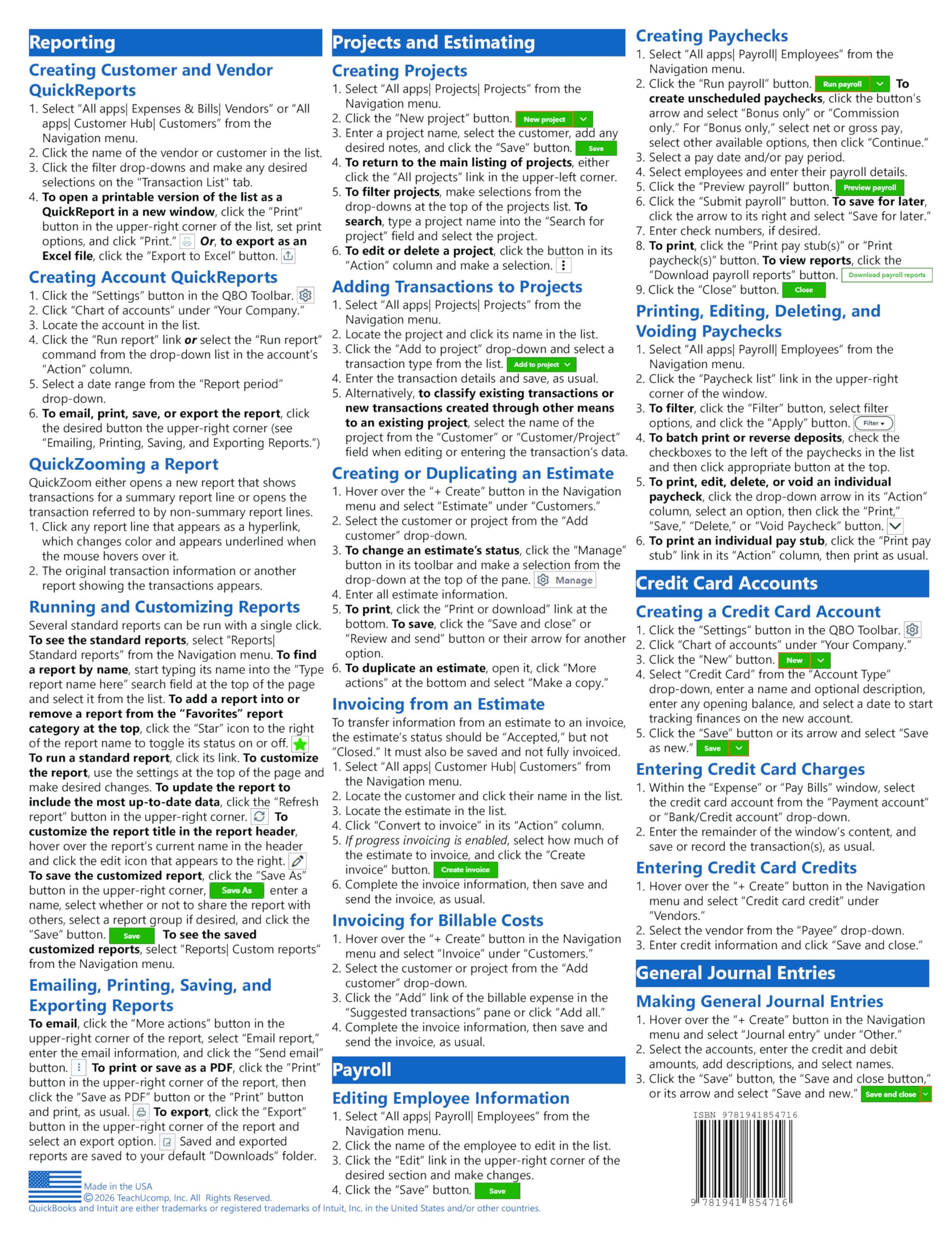 QuickBooks Online Quick Reference Training Card - Laminated Tutorial Guide Cheat Sheet (Instructions and Tips) — Amazon image 4