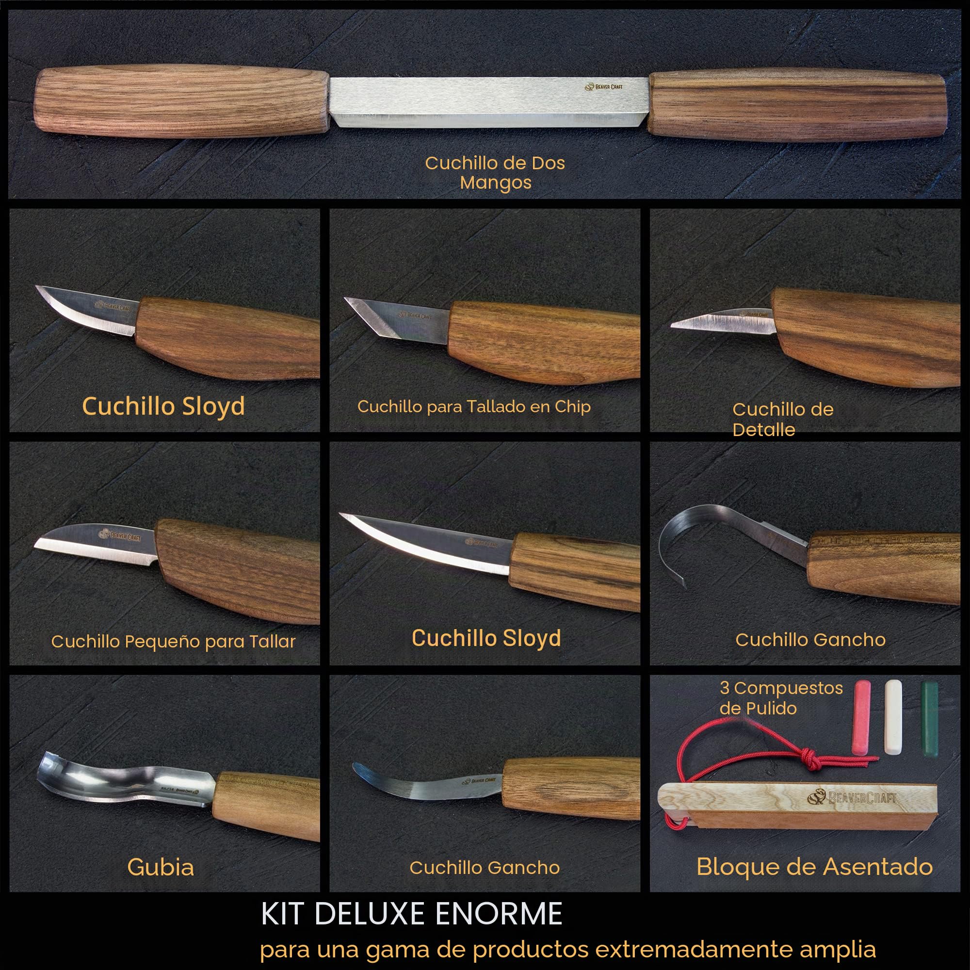 BeaverCraft, Juego de Tallado de Madera de Lujo S50X -Juego de Cuchillos de Tallado de Cucharas de Madera - Juego de Tallado de Madera para Principiantes y Profesionales (marrón)