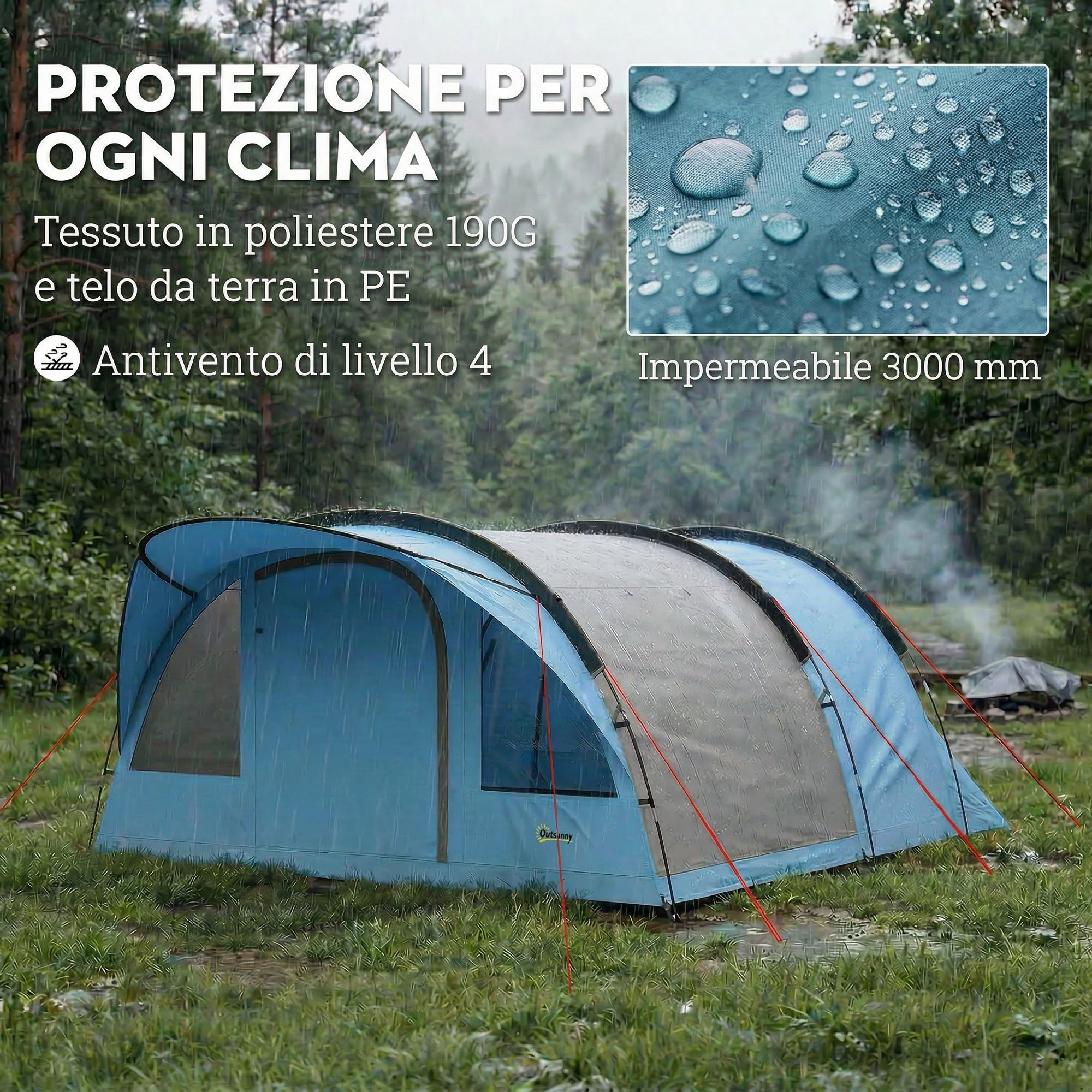 Outsunny Tenda Campeggio a Tunnel per 2-4 Persone 200cm 2 Stanze Azzurro | Tenda da Campeggio Familiare, Impermeabile 3000mm, Veranda, 6 Finestre, Gancio, Borsa Trasporto, per Trekking