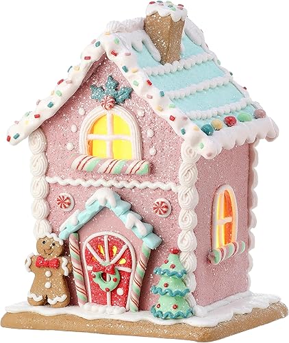 One Holiday Way Decoración de mesa de casa de jengibre sintético de caramelo rosa pastel con luz LED de 8.5 pulgadas con temporizador, detalles de