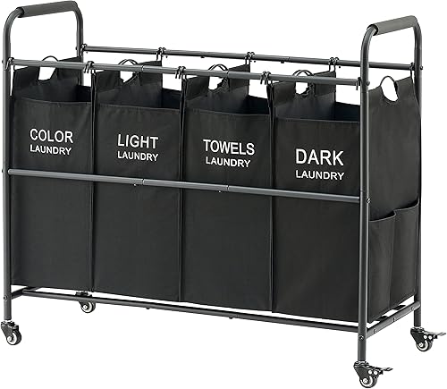 Tajsoon Carrito clasificador de ropa sucia de 4 bolsas, cesta clasificadora de cestas de lavandería con ruedas resistentes con cerradura para