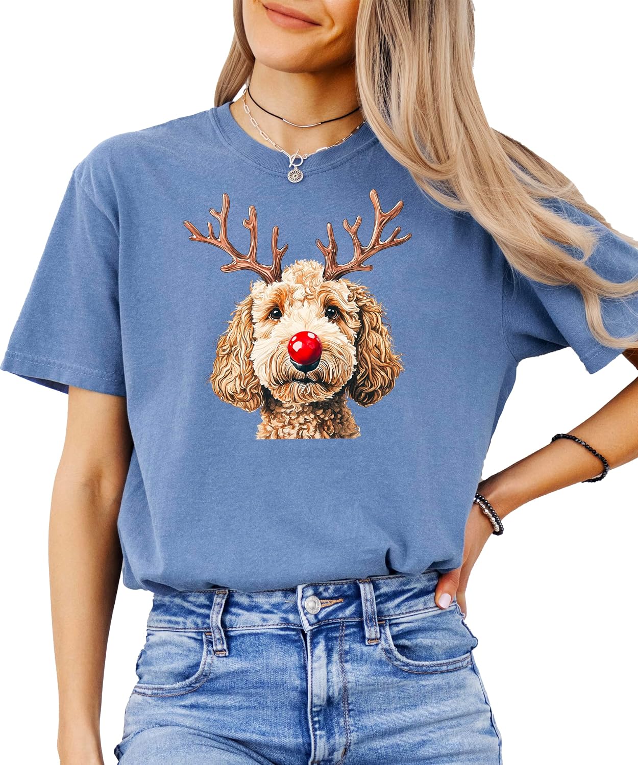 Olive Loves Apple Goldendoodle Christmas Reindeer Unisex Shirt Doodle Dog Owner Festive Holiday Graphic Tee