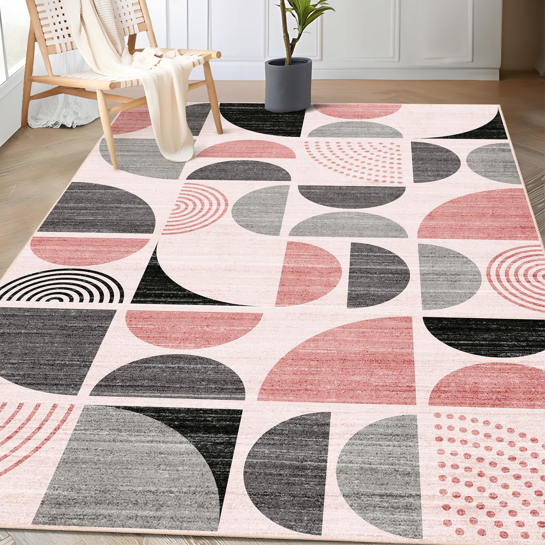 MUJOO Pink Rug Boho Washable,3x5 Area Rugs for Bedroom Entryway Living Room Bedside,Small Throw Floor Carpet Non Slip Soft Indoor Modern Abstract Pink