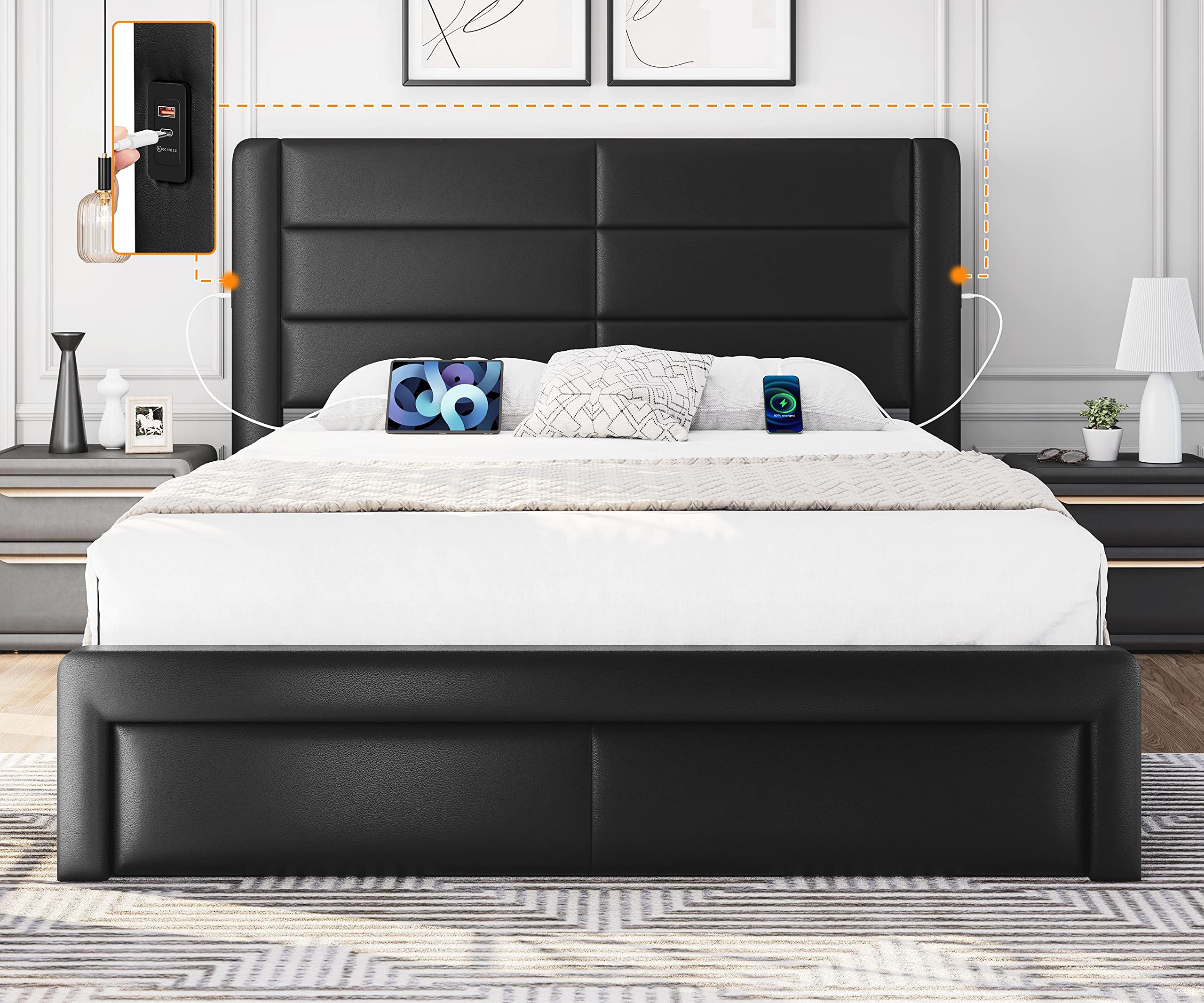 Yaheetech Queen Size Bed Frame with 2 USB Charging Station/Port for Type A&Type C/3 Storage Drawers, Leather Upholstered Platform Bed with Headboard/Solid Wood Slat Support/No Box Spring Needed/Black
