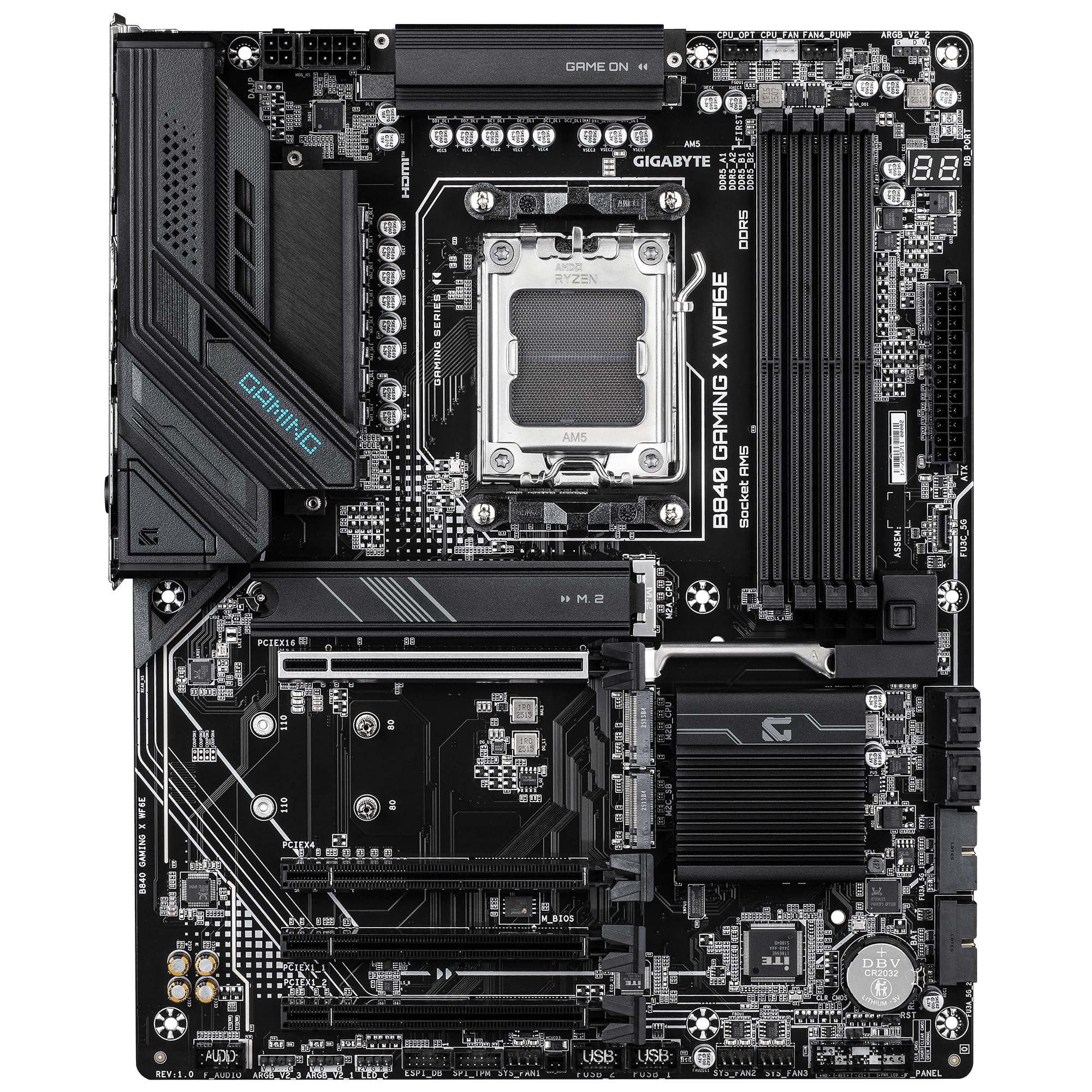 GIGABYTE B840 GAMING X WIFI6E Scheda Madre - CPU AMD Ryzen 9000, VRM 12+2+2 fasi, fino a 7600MHz DDR5(O.C), 2xPCIe 4.0 + 1xPCIe 3.0 M.2, Wi-Fi 6E, LAN 2.5GbE, USB 3.2 Gen 2