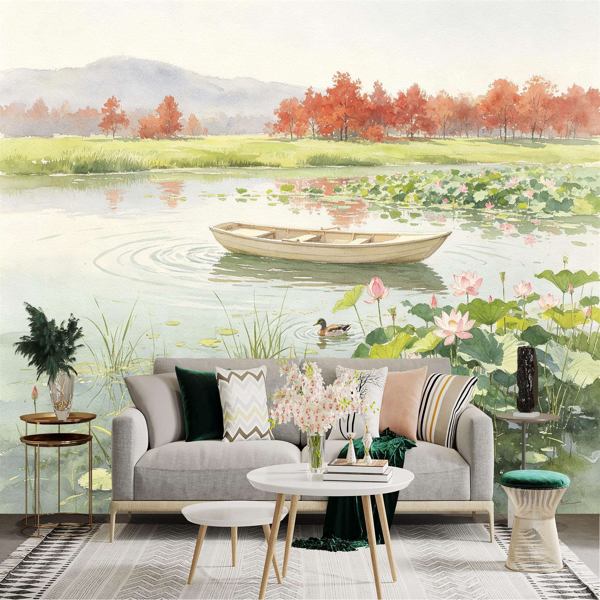 Custom Size Wall Sticker Mural， Watercolor Lotus Pond with Wooden Boat， Peaceful Autumn Landscape， for wall Decoration， peelandstick wall Decals.