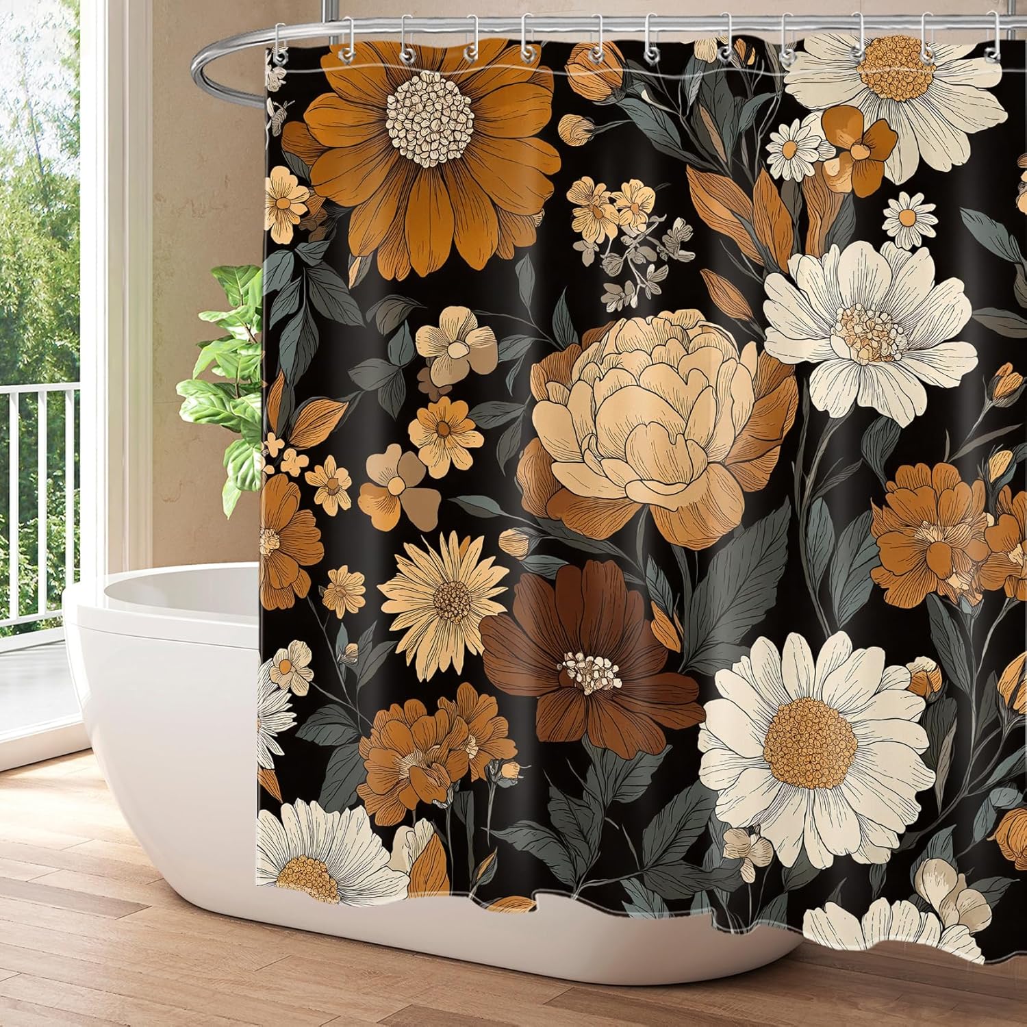 Boho Vintage Floral Shower Curtain for Bathroom, Dark Orange Brown Flower and Leaf Plant on Black Shower Curtain with Hooks Rustic Retro Style Bathroom Decor, 72W x 78L inches