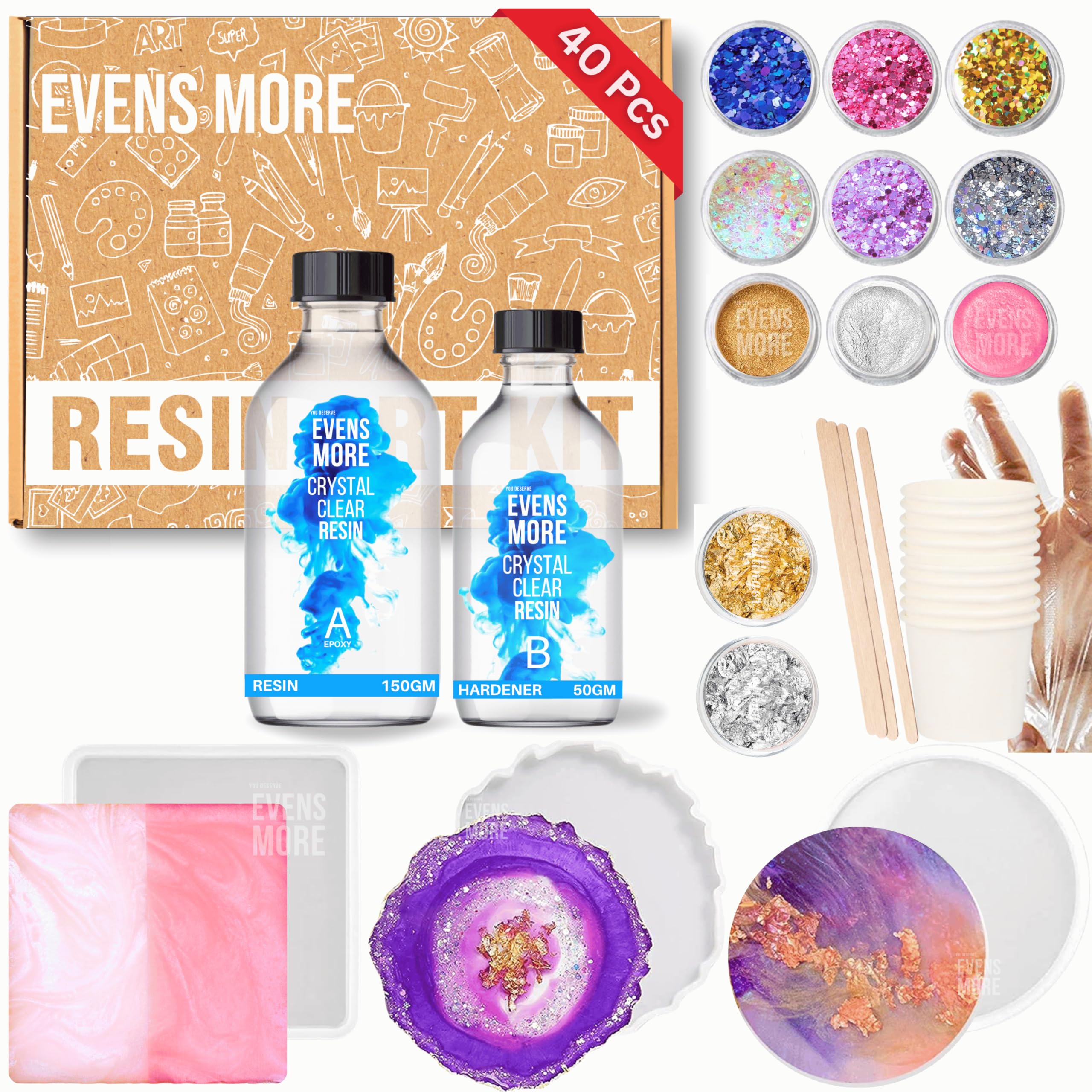 EVENS MORE 40 Pcs Resin Coaster Making kit with 200Gm Crystal Clear Resin and Glitter Round and Agate Mould (Coaster Kit)